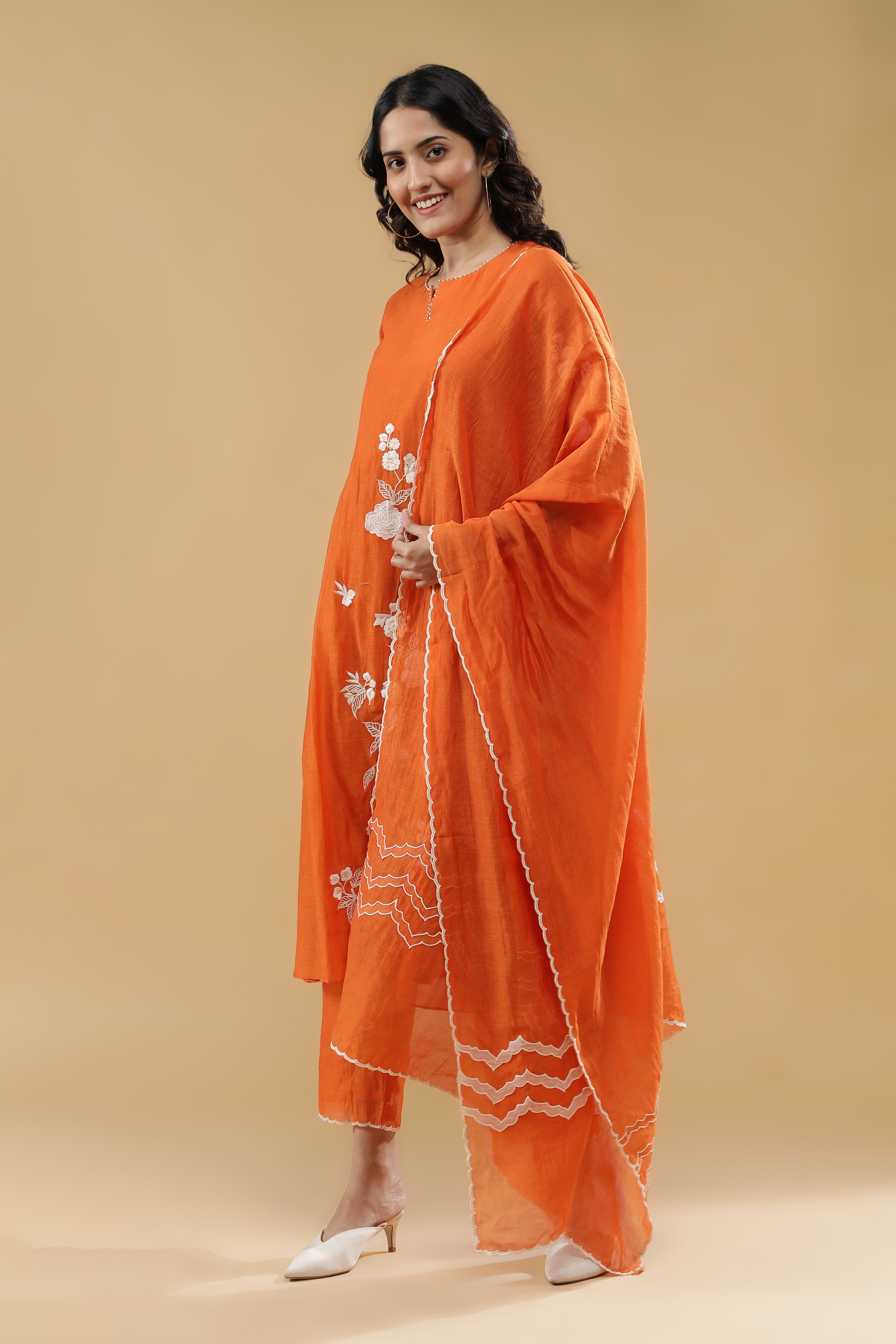 Vibrant Orange Mul Cotton Kurta Set