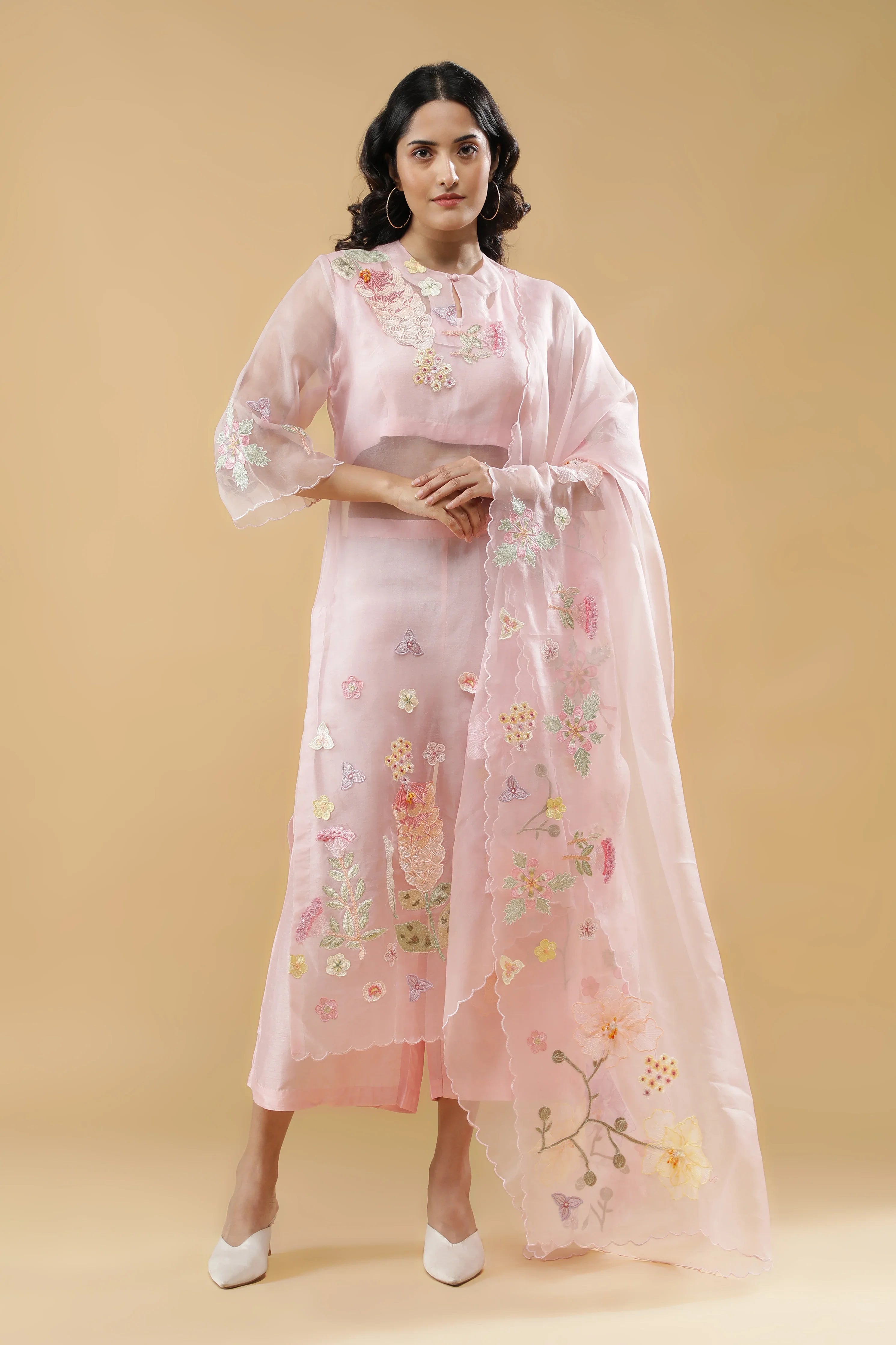 Pink Organza Floral Appliqué Suit Set | Mokshaa
