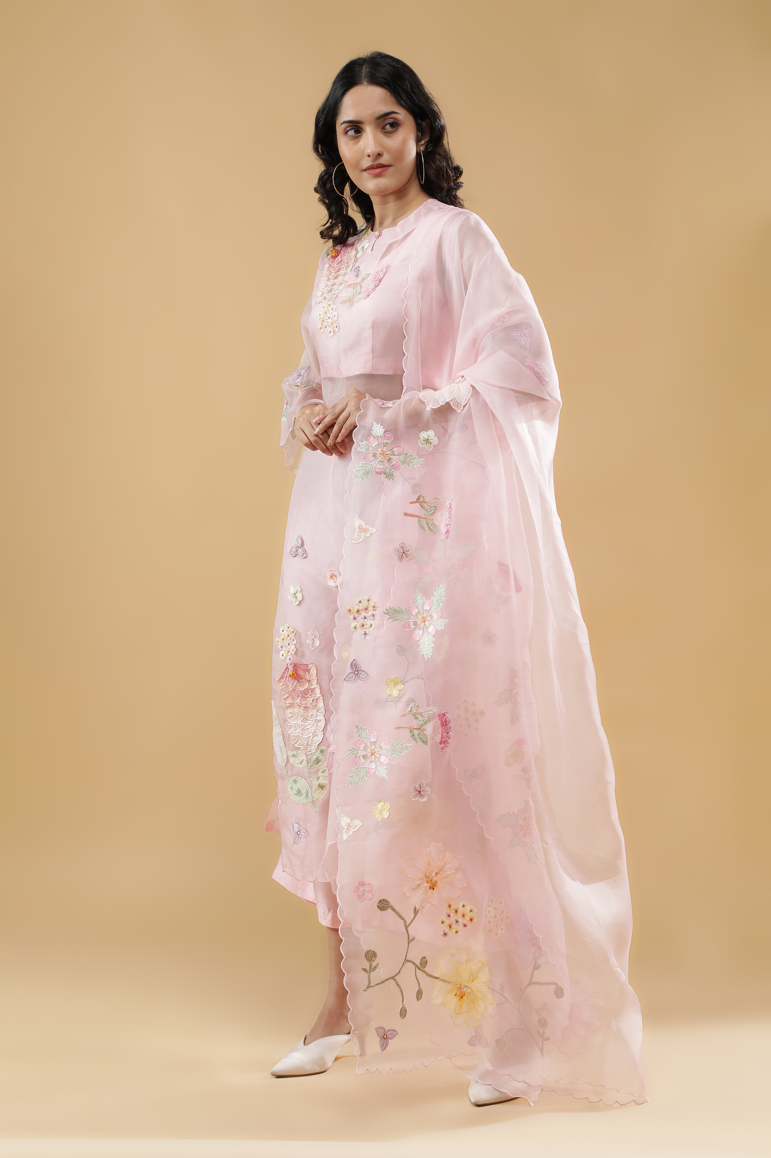 Pink Organza Floral Appliqué Suit Set