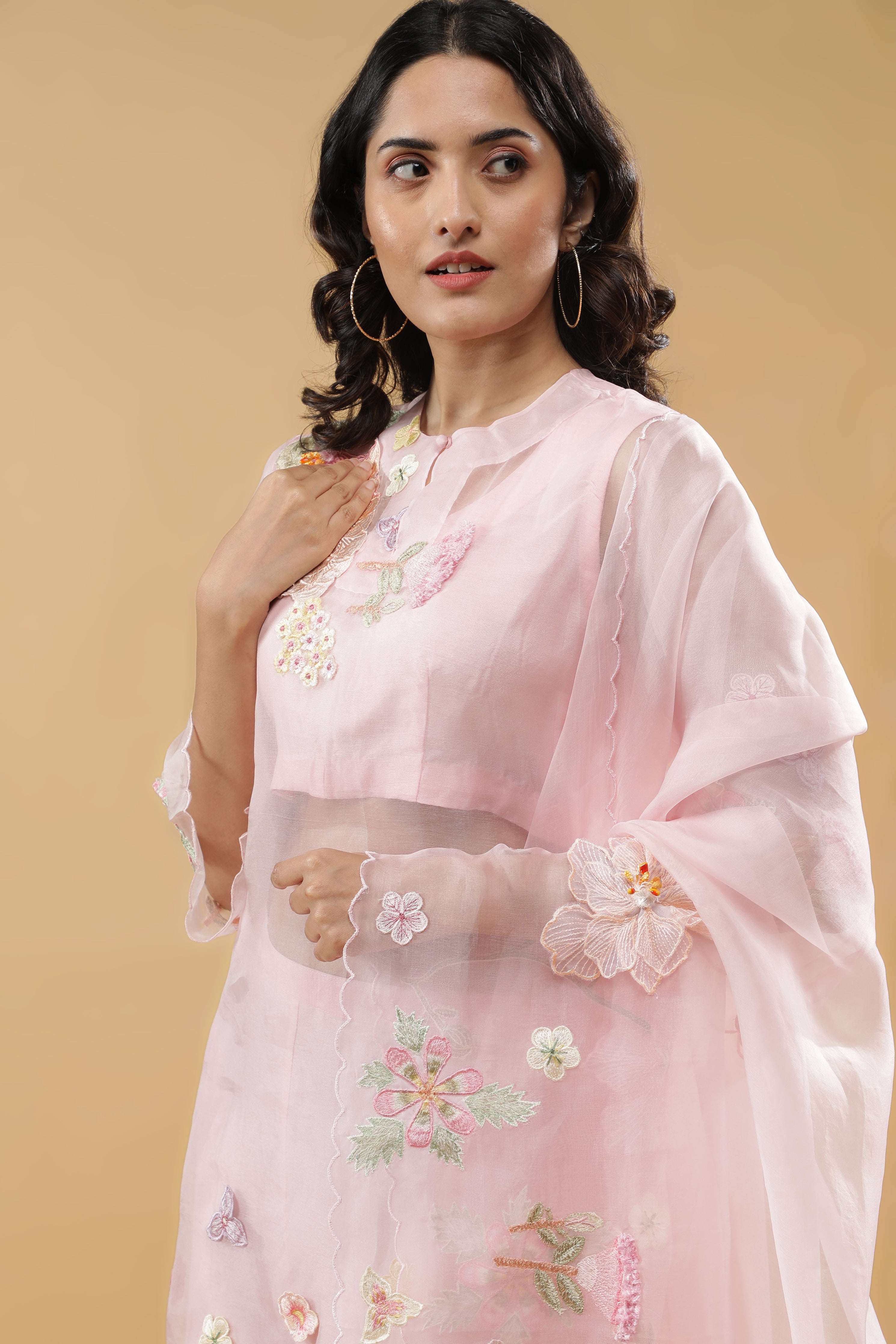Pink Organza Floral Appliqué Suit Set
