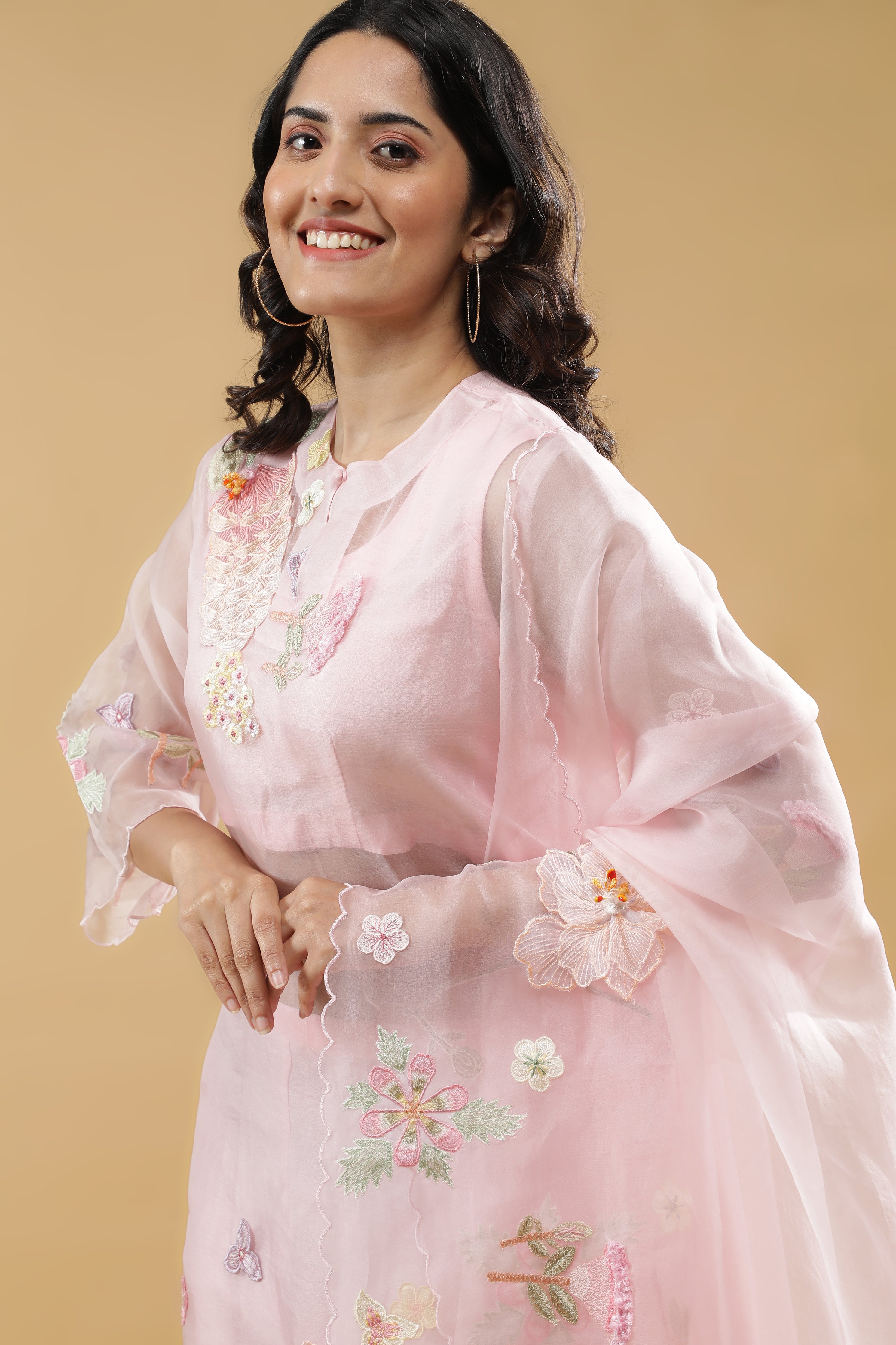 Pink Organza Floral Appliqué Suit Set