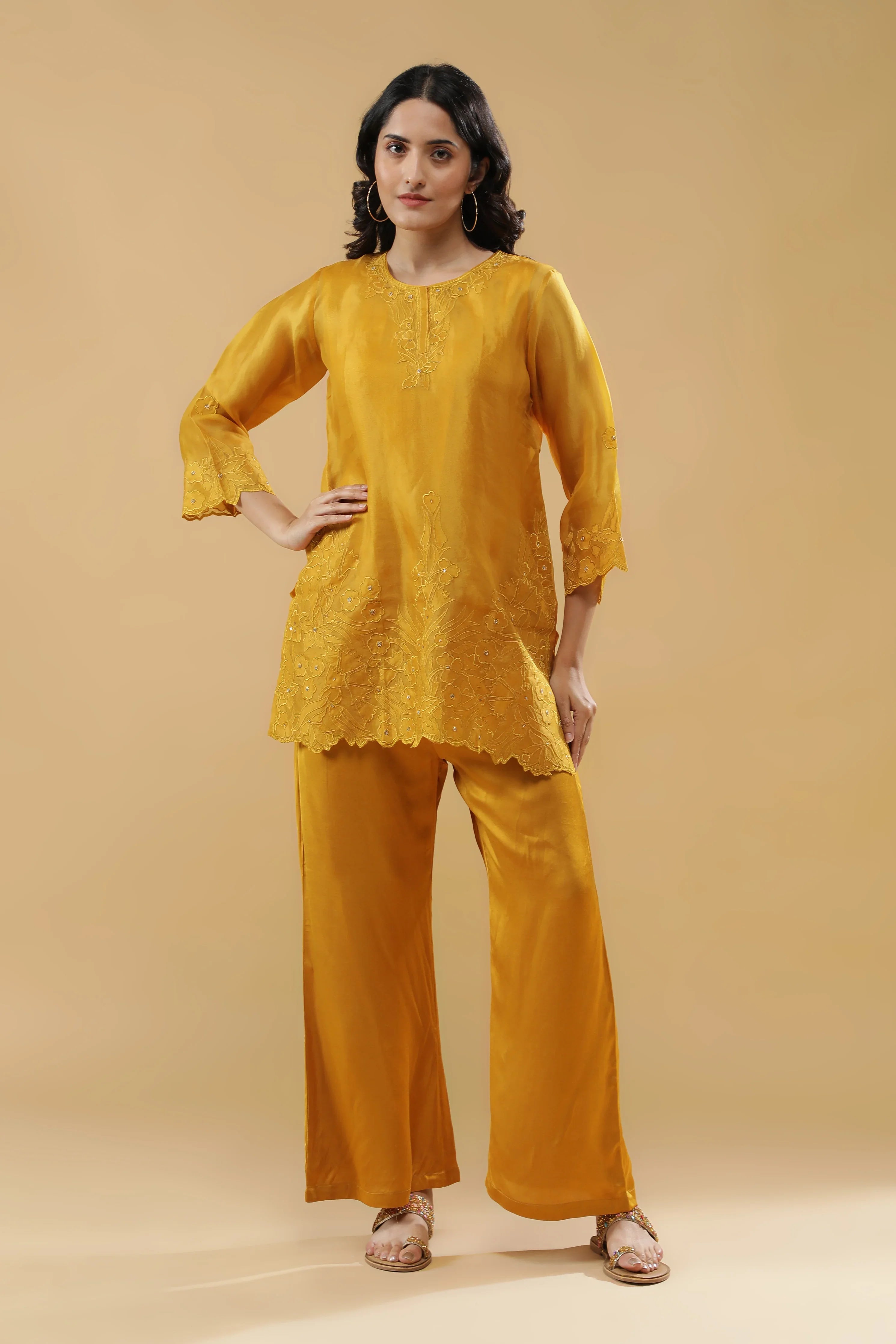 Mustard Organza Floral Embroidered Cord Set | Mokshaa