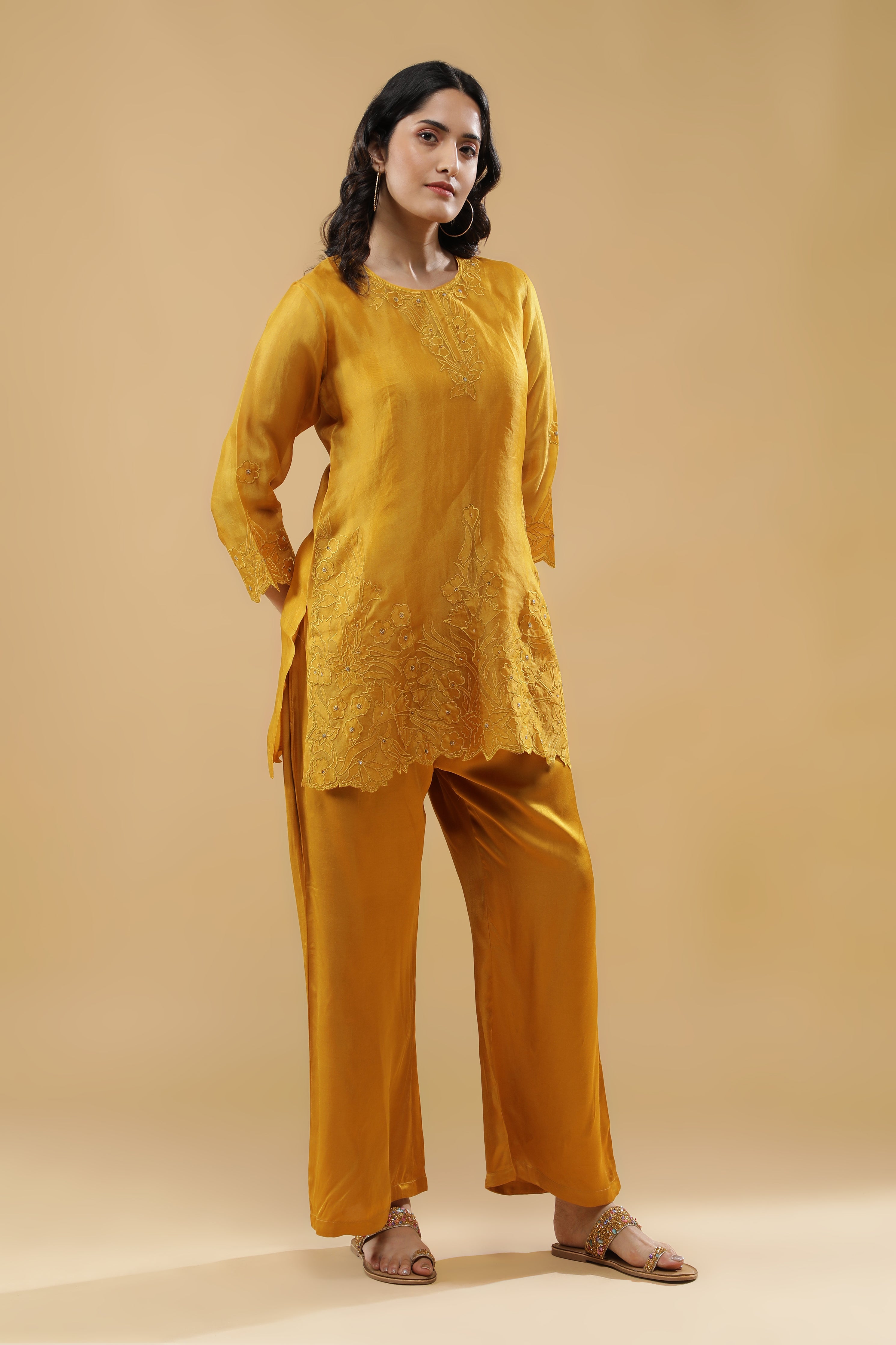 Mustard Organza Floral Embroidered Cord Set