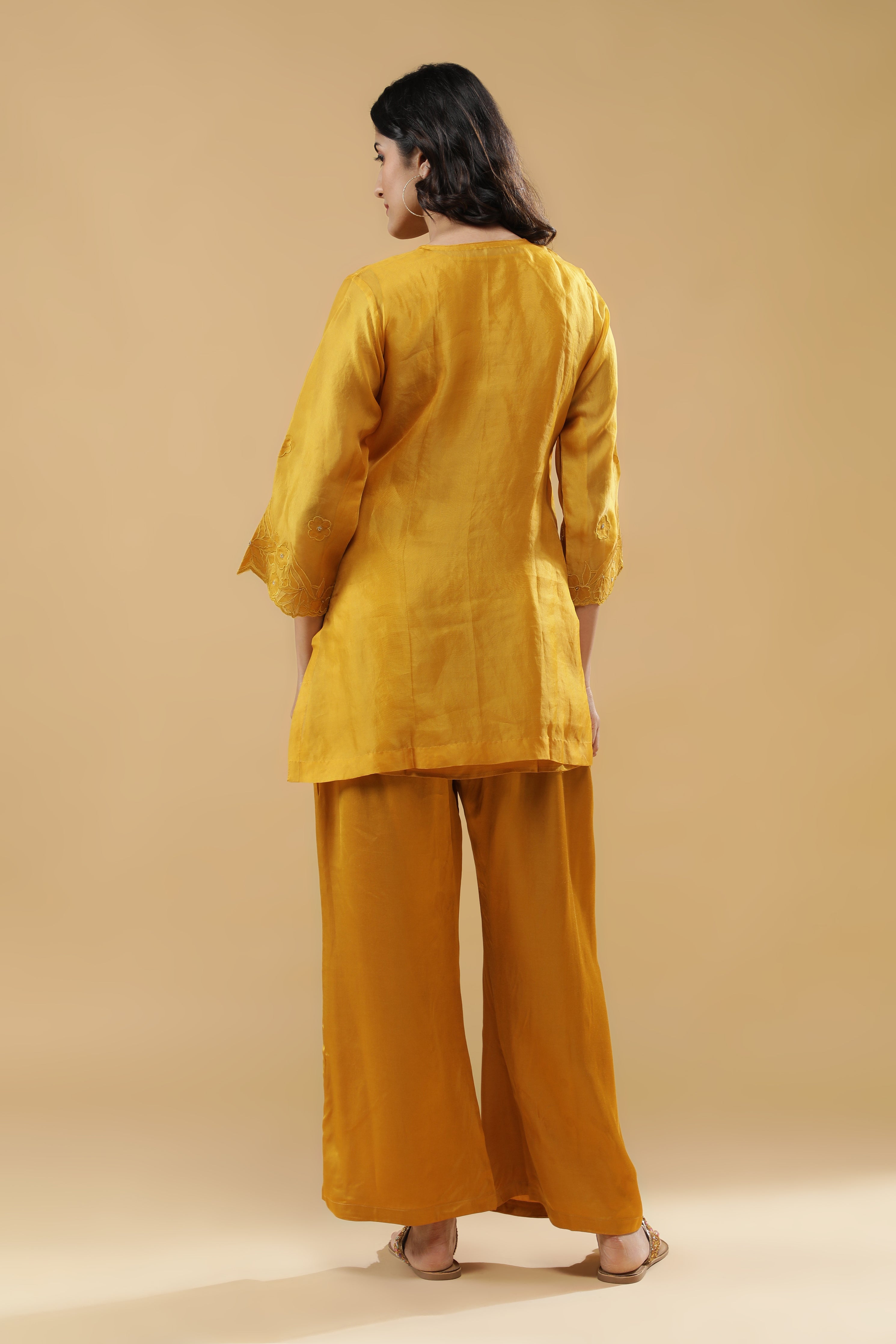 Mustard Organza Floral Embroidered Cord Set