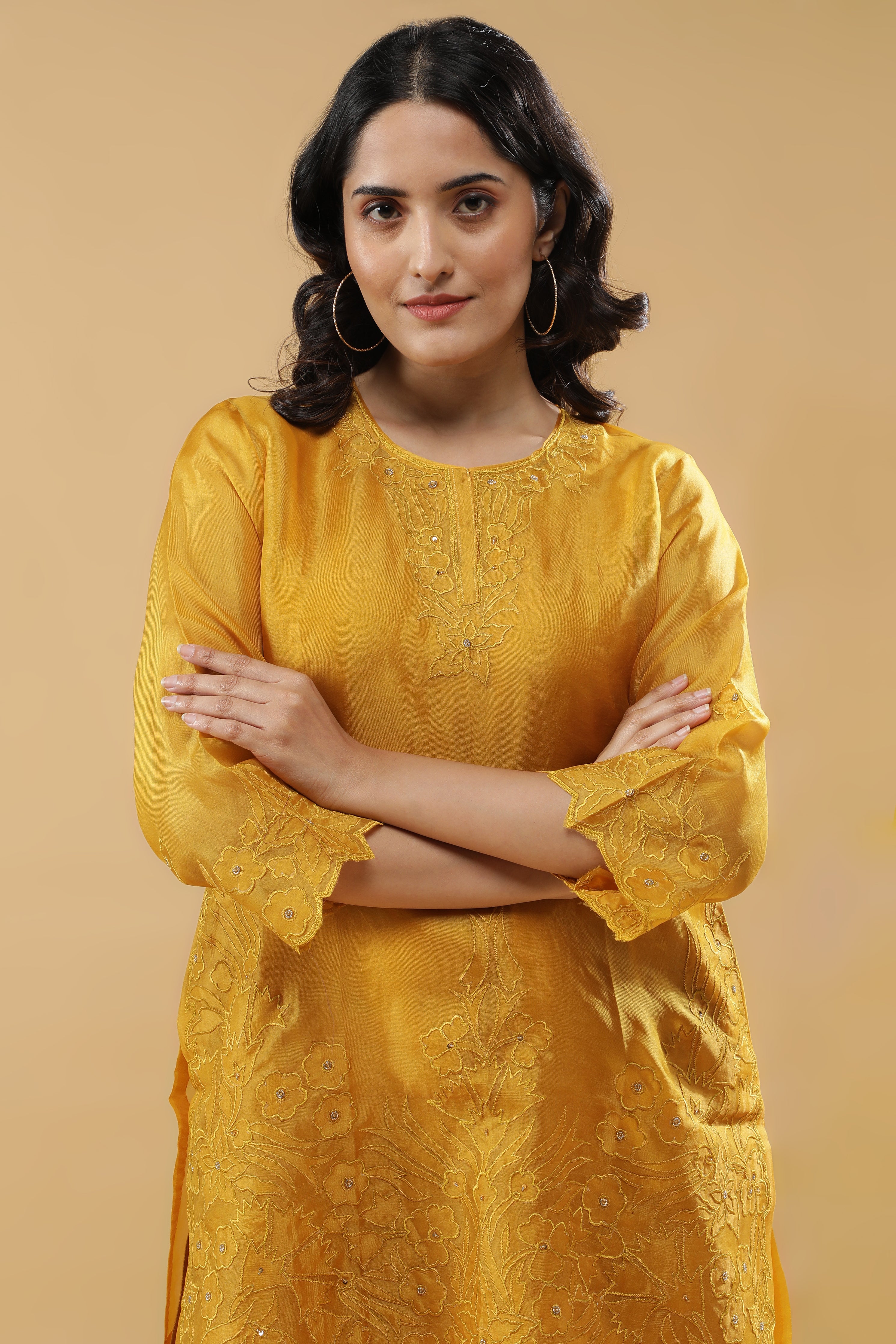 Mustard Organza Floral Embroidered Cord Set