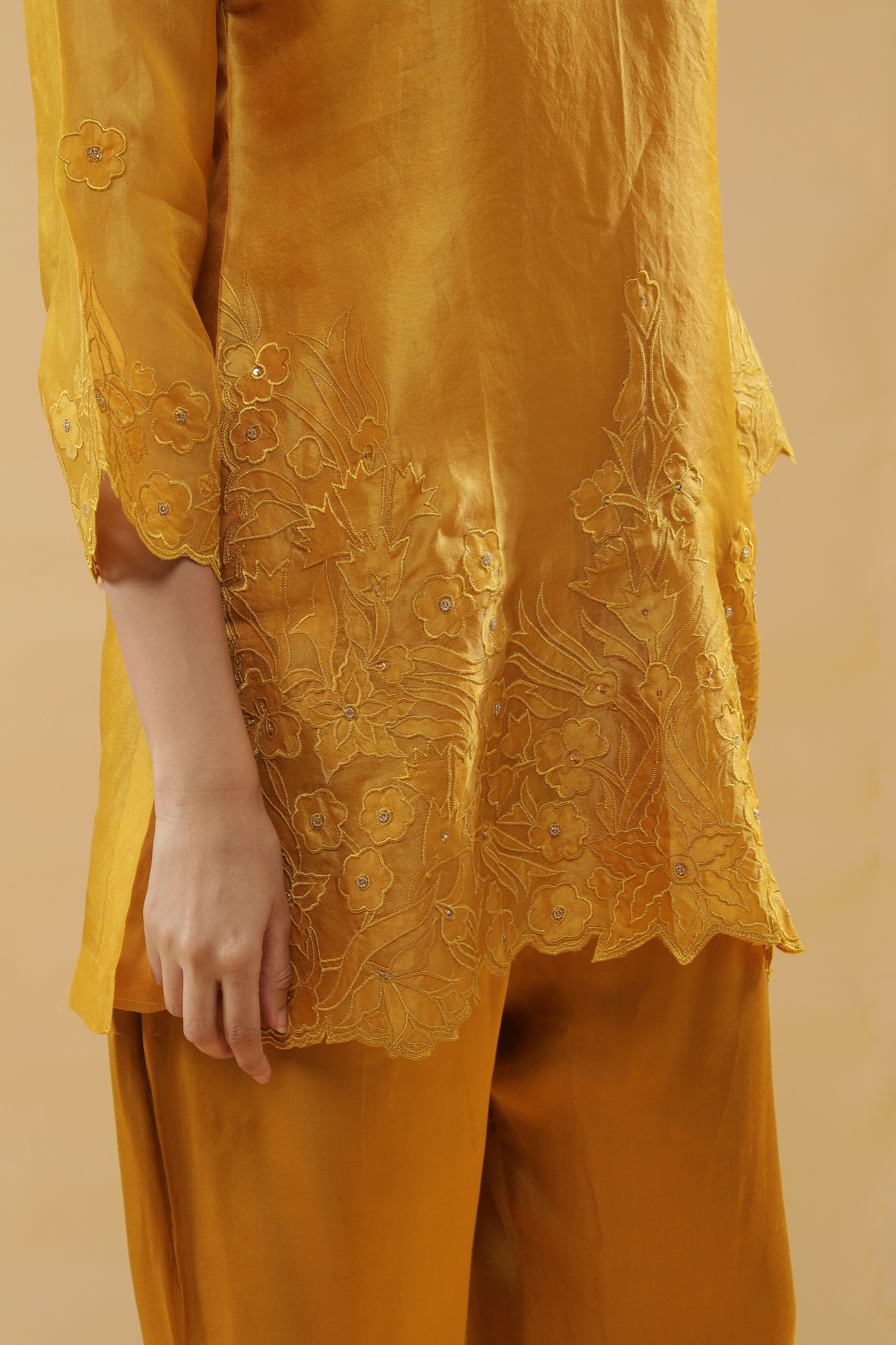 Mustard Organza Floral Embroidered Cord Set