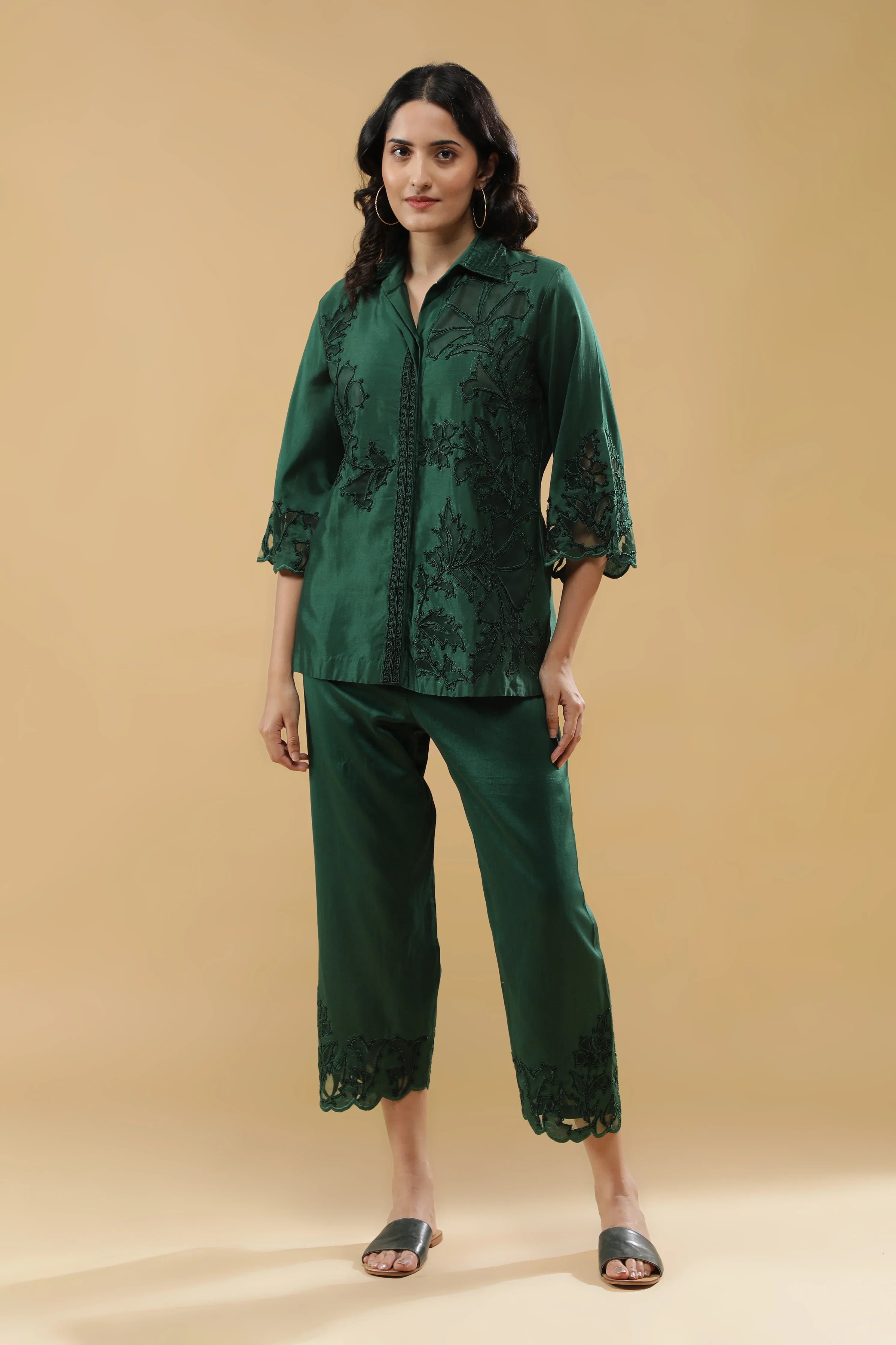 Deep Emerald Green Silk Embroidered Co-Ord Set | Mokshaa