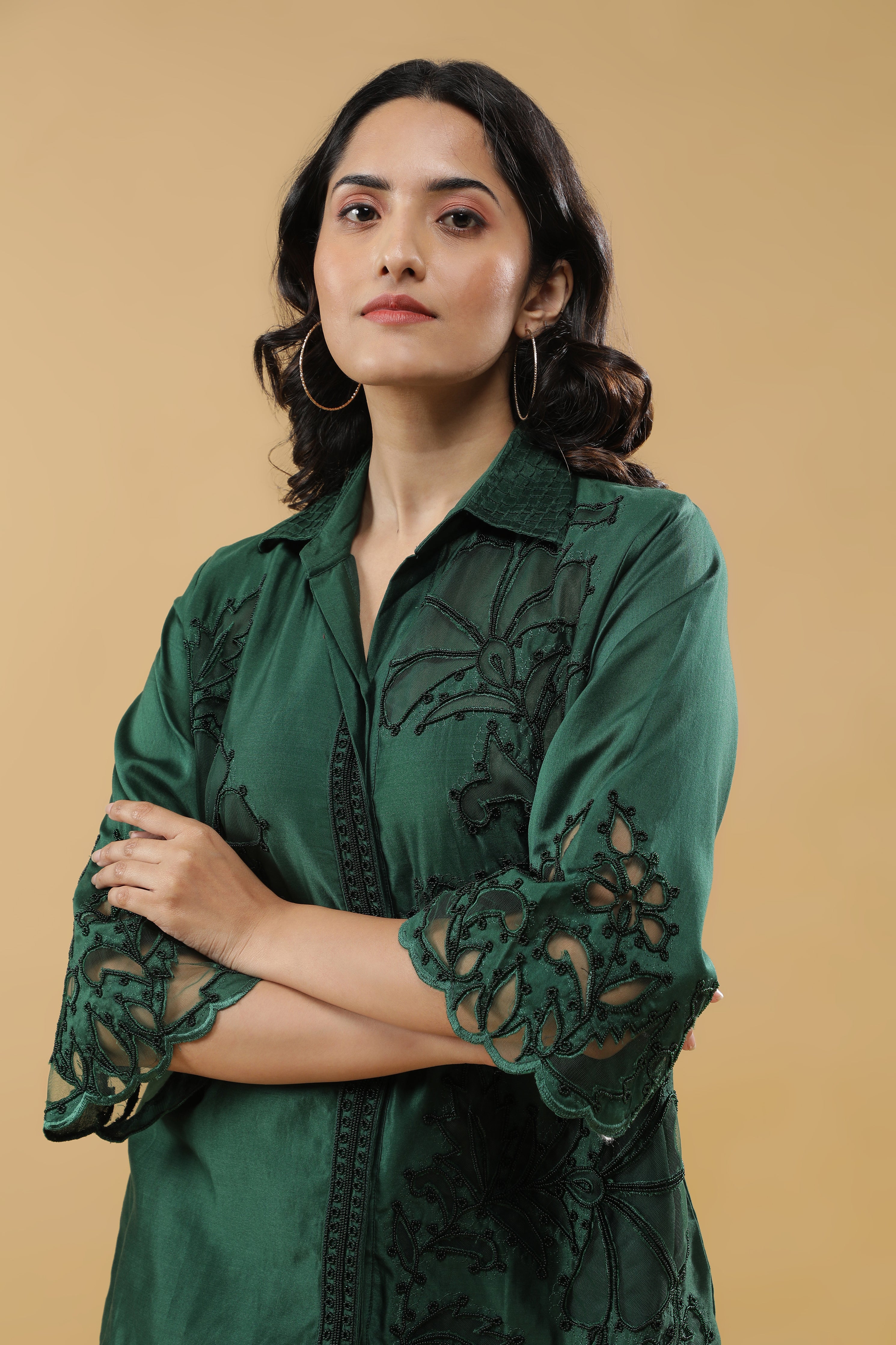 Deep Emerald Green Silk Embroidered Co-Ord Set