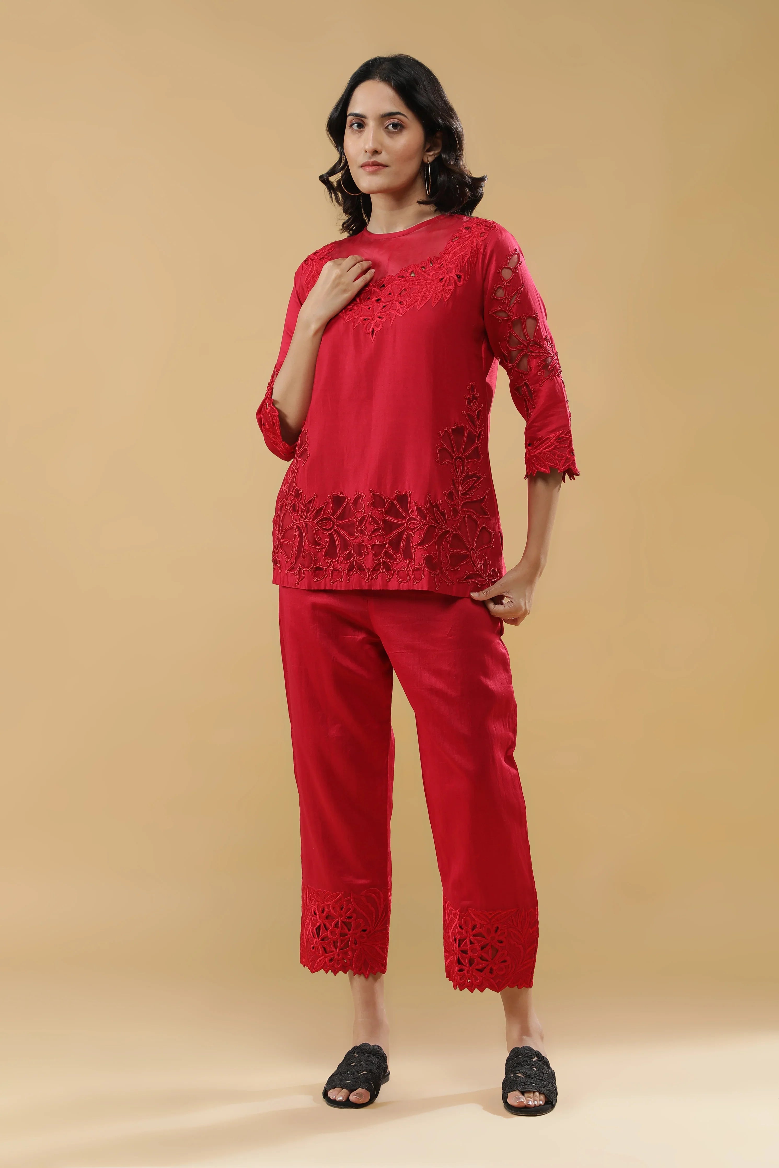 Crimson Red Silk Embroidered Co-Ord Set | Mokshaa