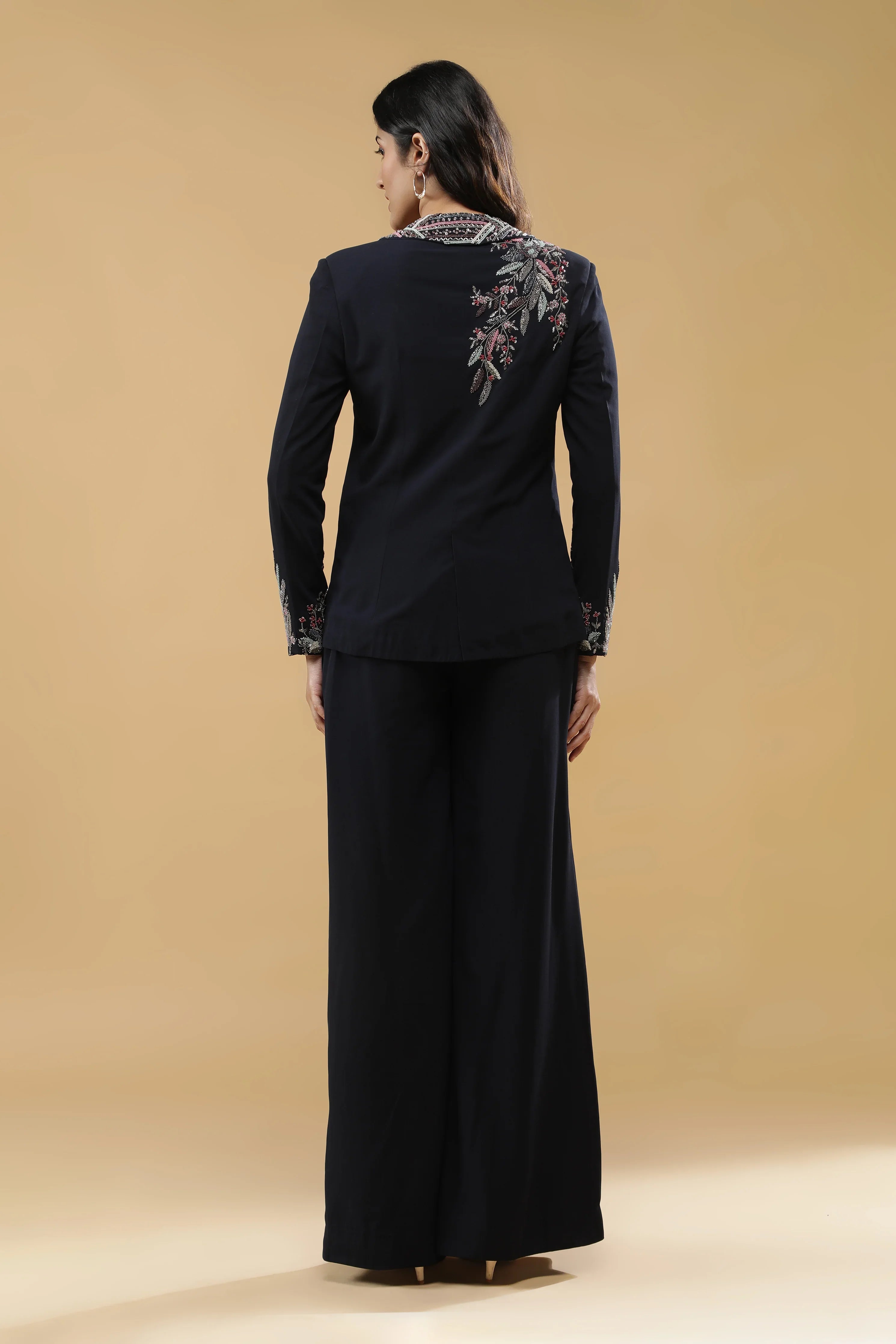 Navy Blue Crepe Jacket Set - Mokshaa
