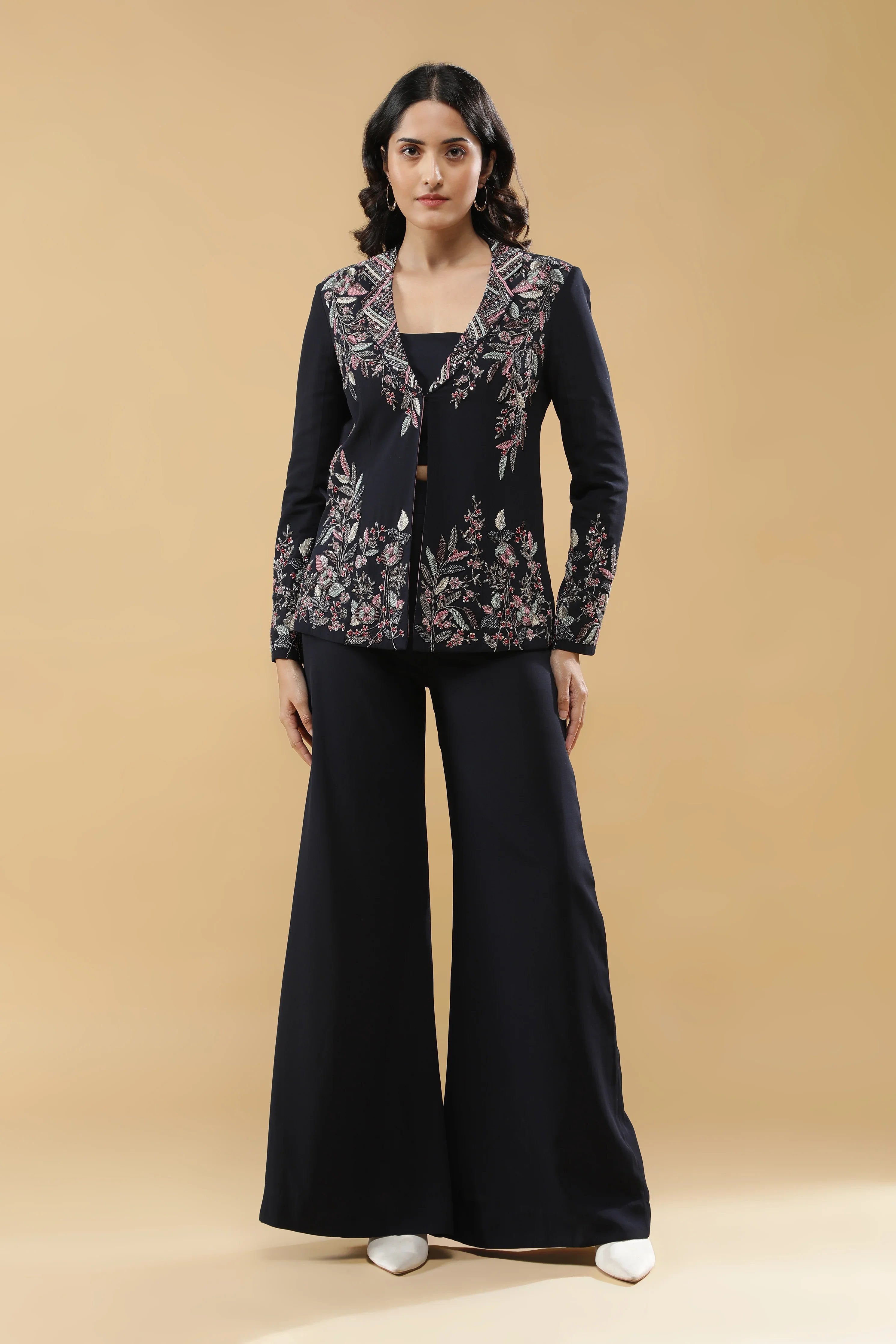 Navy Blue Crepe Jacket Set | Mokshaa