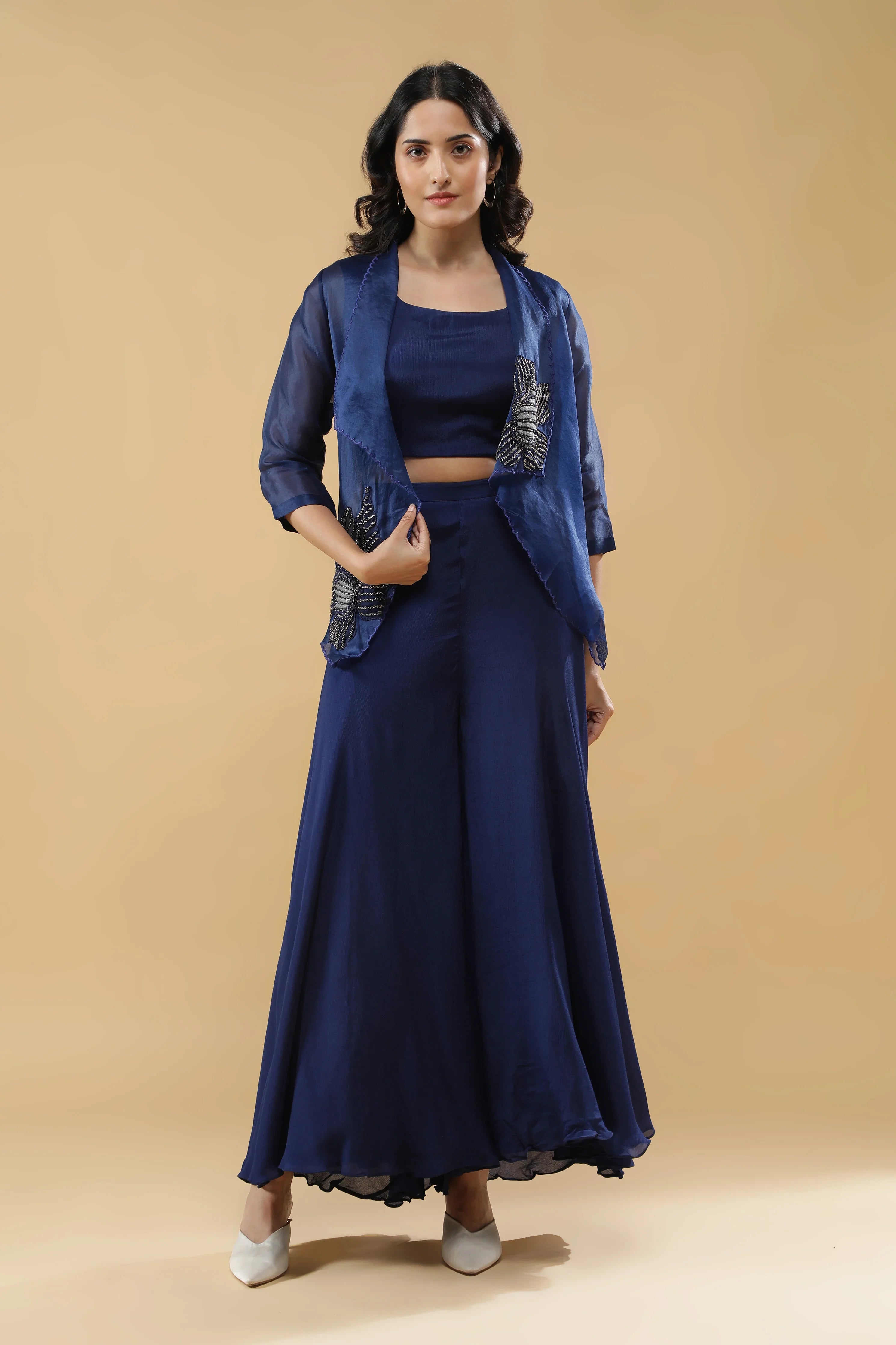 Navy Blue Organza Jacket Set | Mokshaa