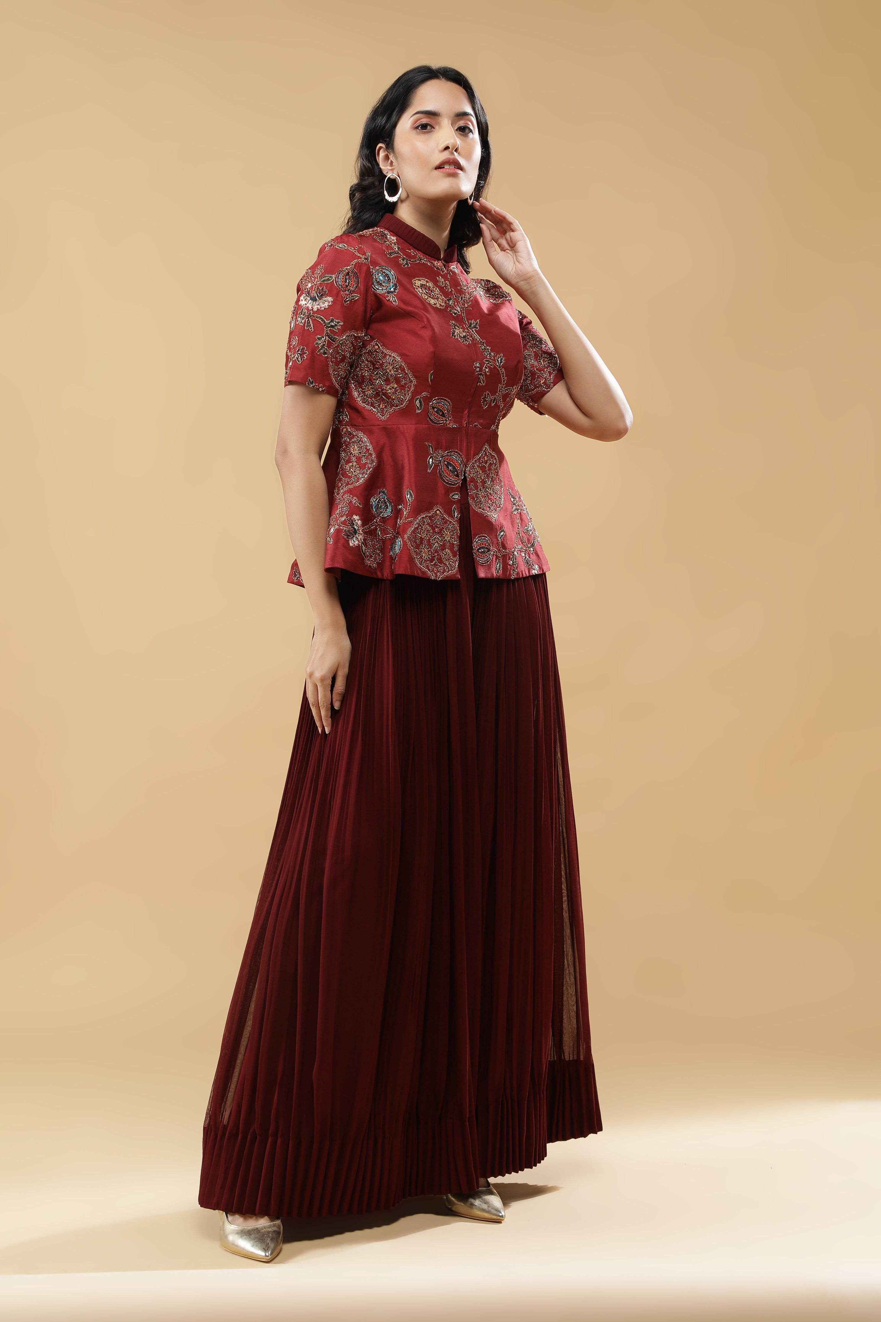 Maroon Silk Peplum Jacket with Pleated Georgette Sharara