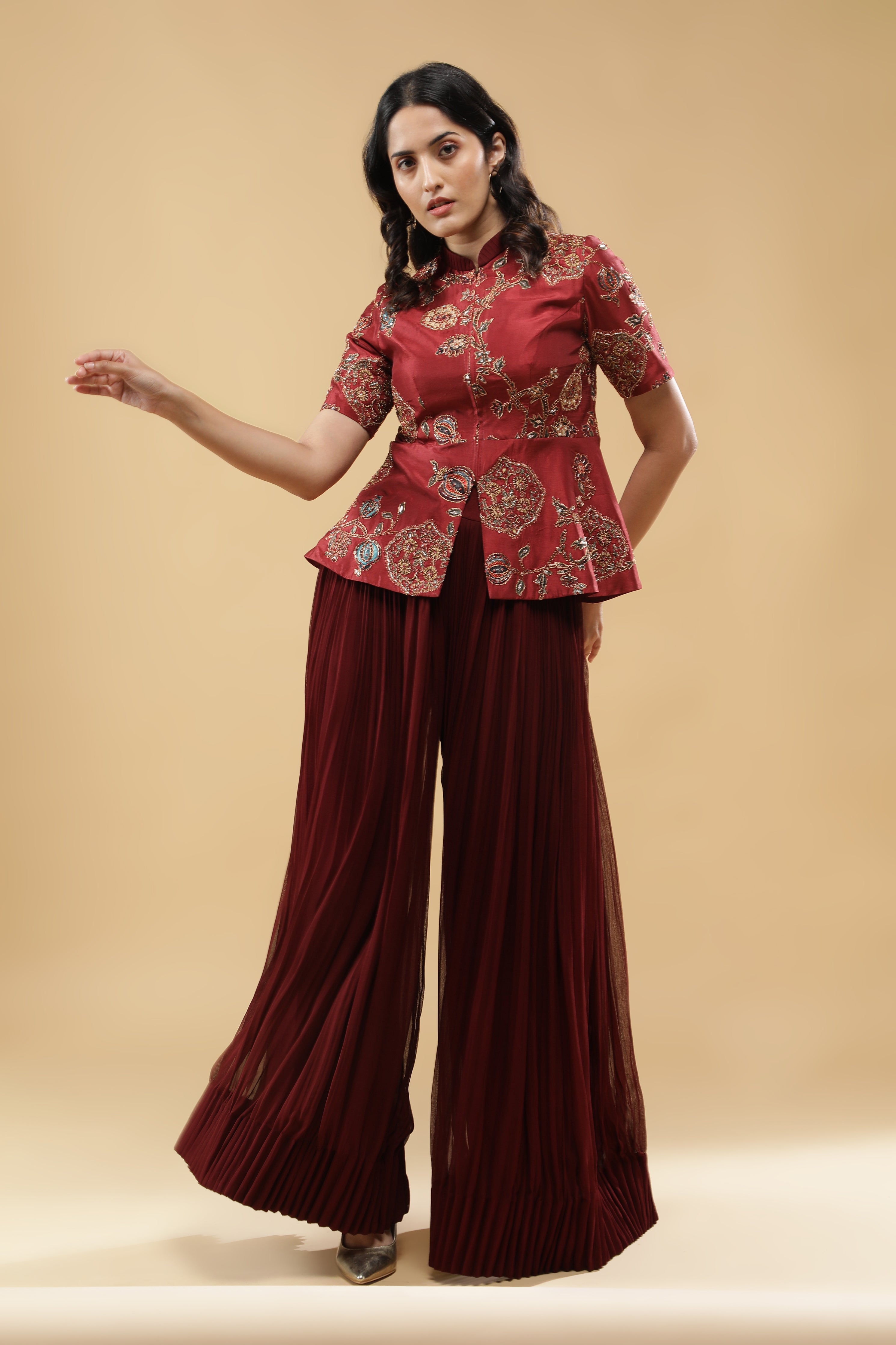 Maroon Silk Peplum Jacket with Pleated Georgette Sharara