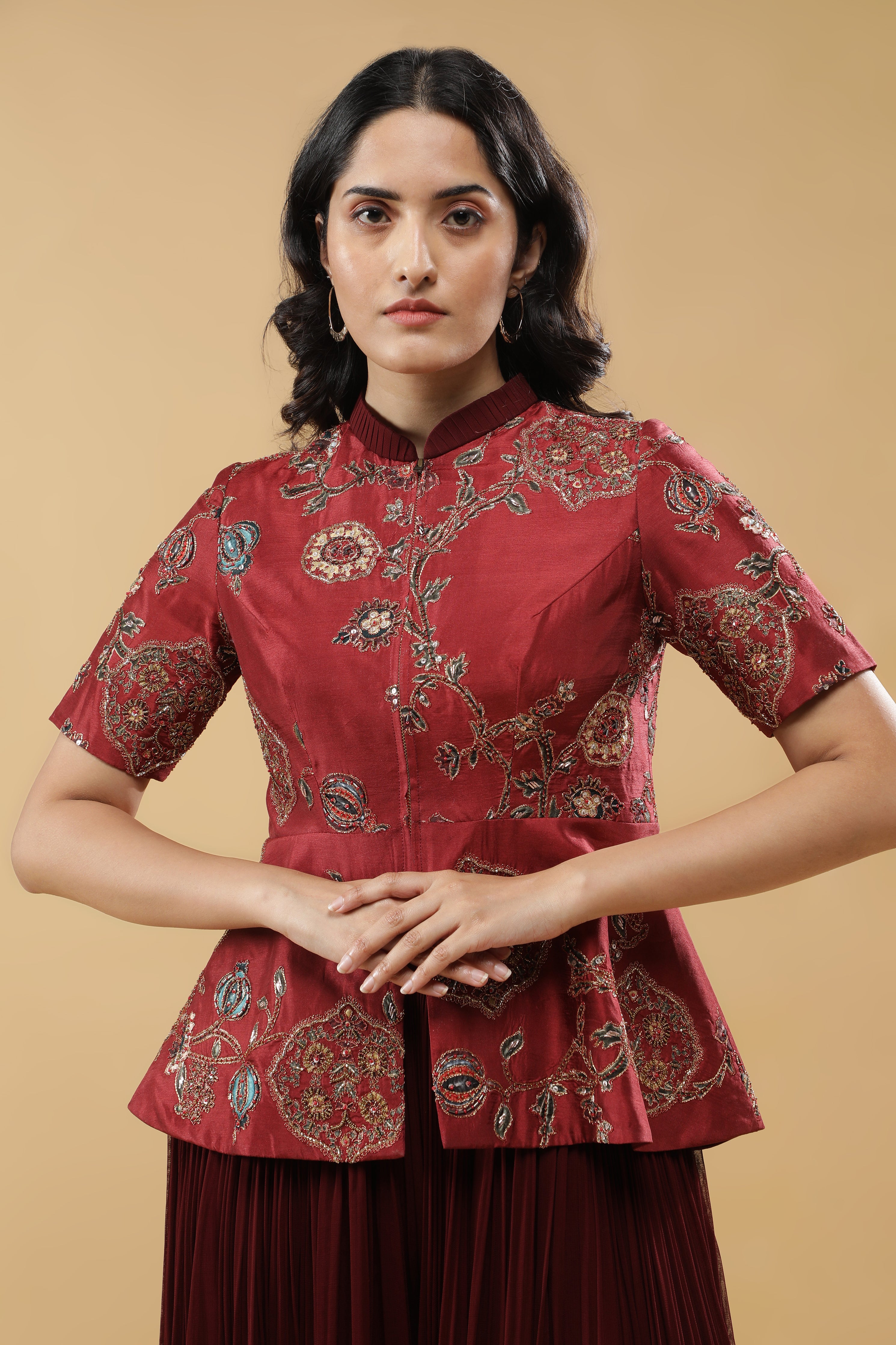Maroon Silk Peplum Jacket with Pleated Georgette Sharara