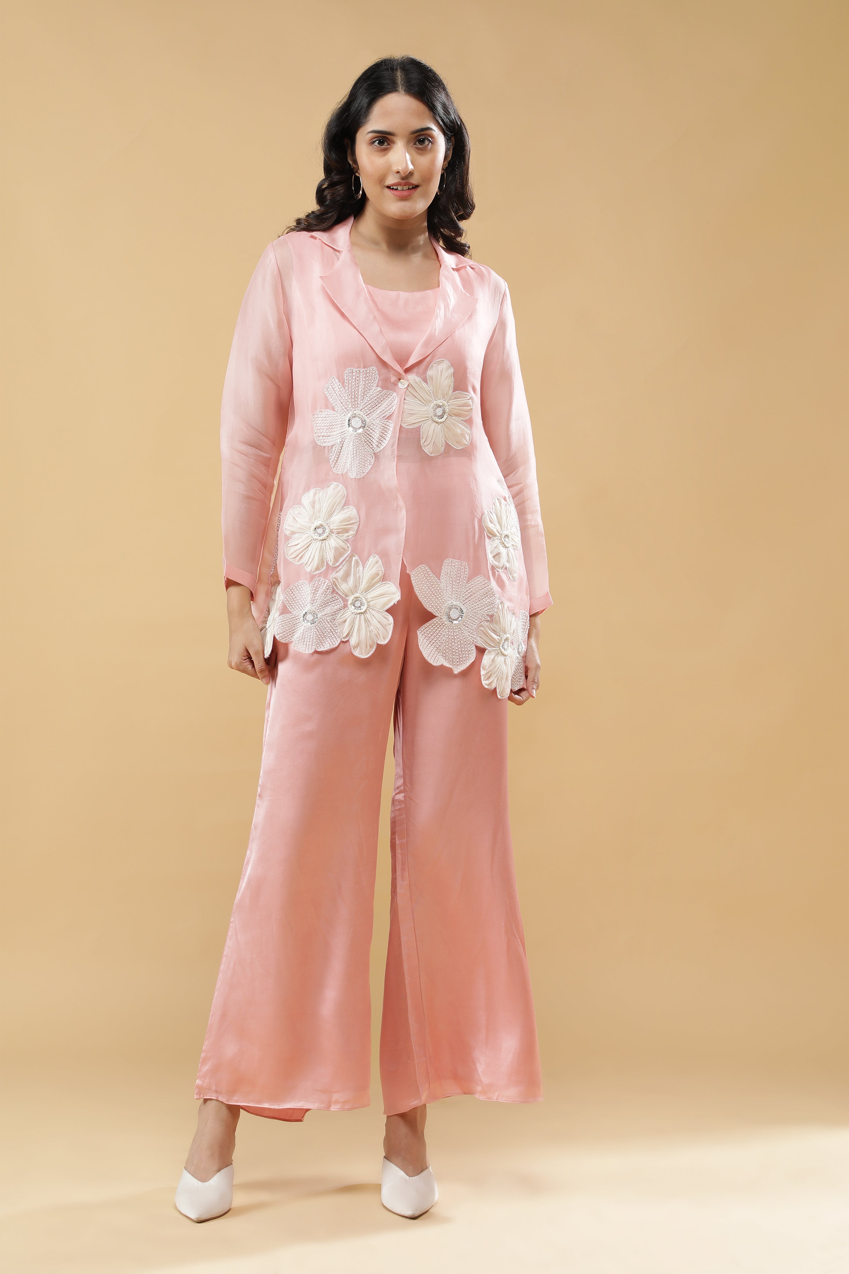 Soft Peach Pink Silk Organza Jacket Set