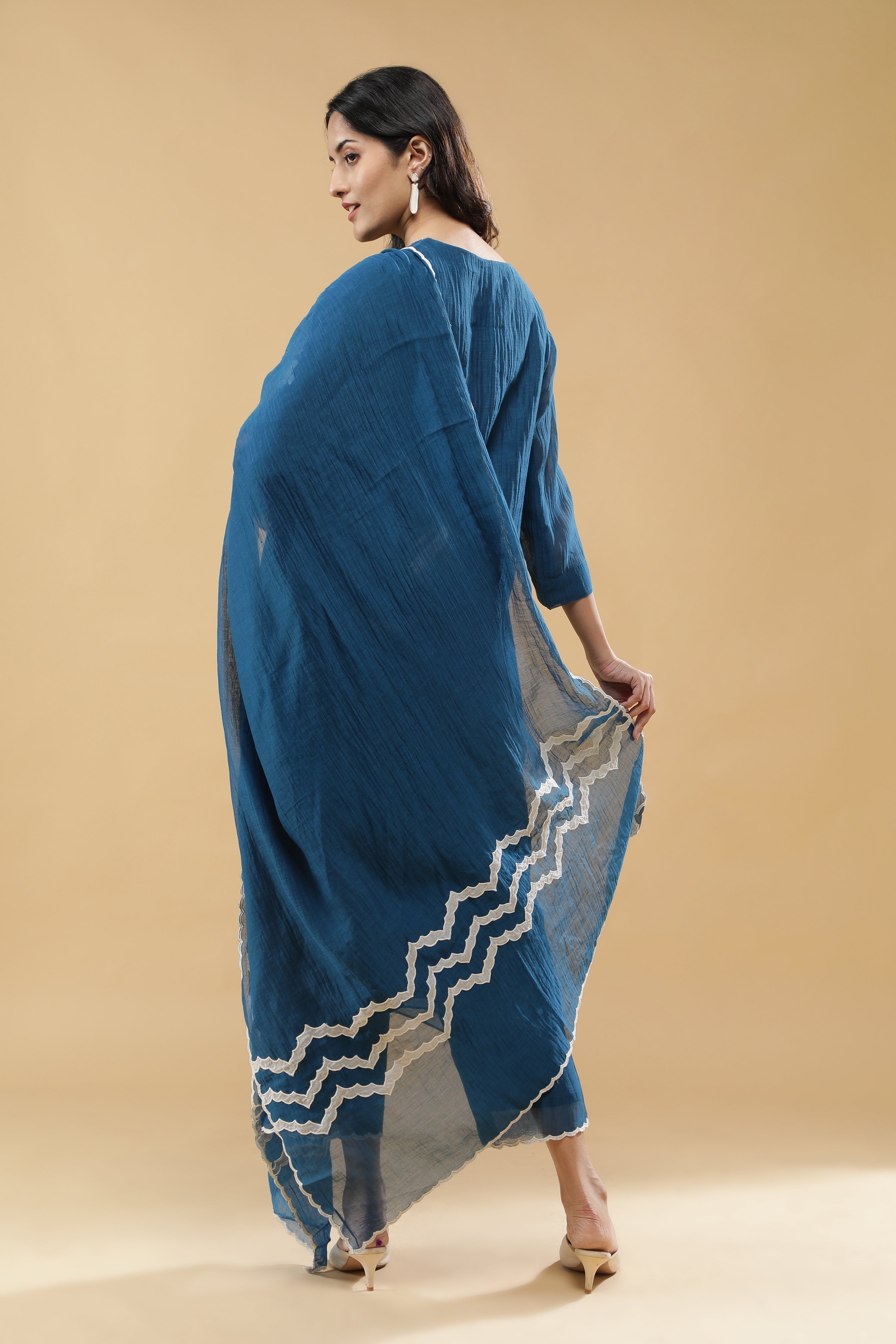 Teal Blue Cotton Floral Embroidered Salwar Set