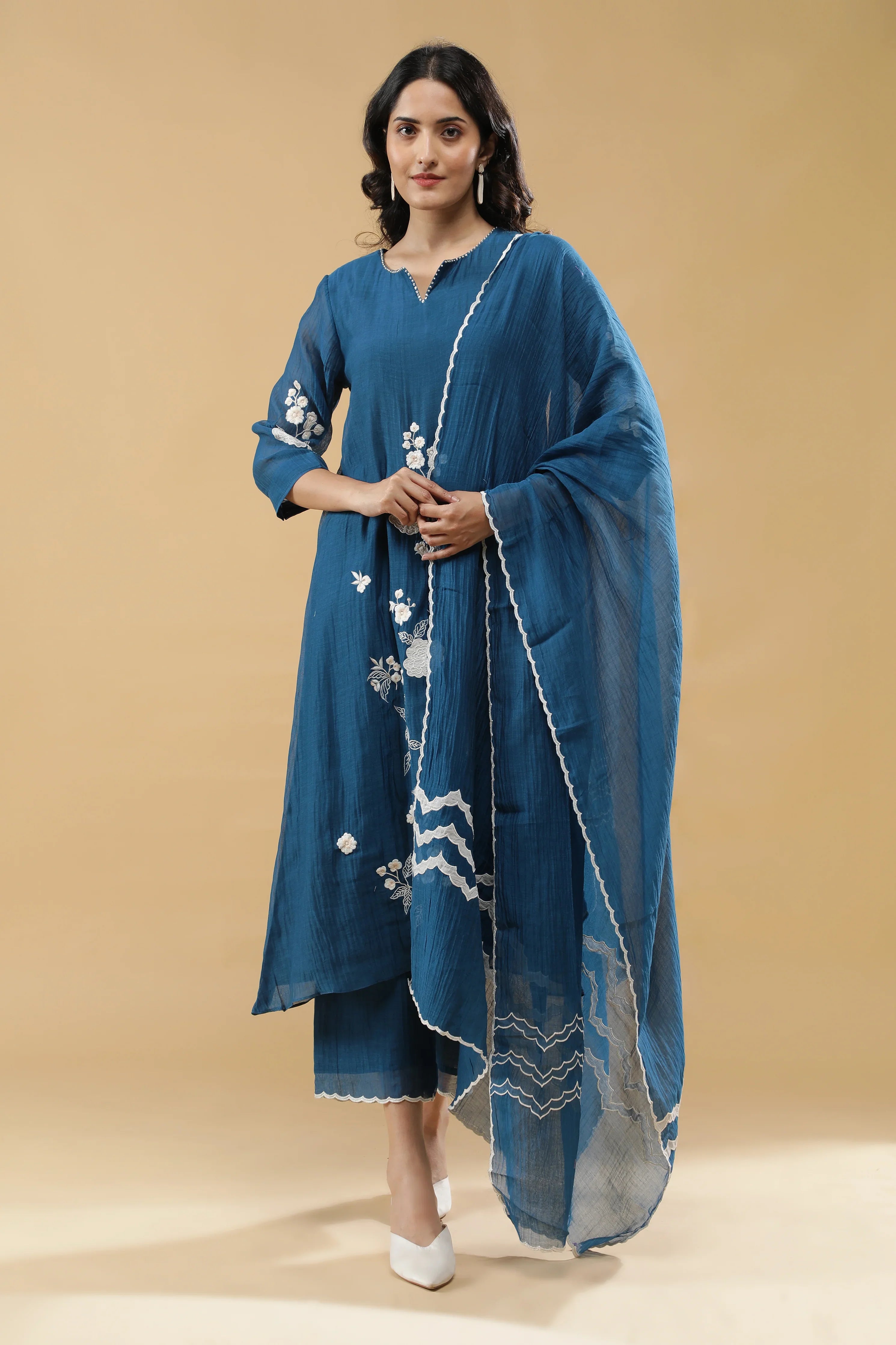Teal Blue Cotton Floral Embroidered Salwar Set | Mokshaa