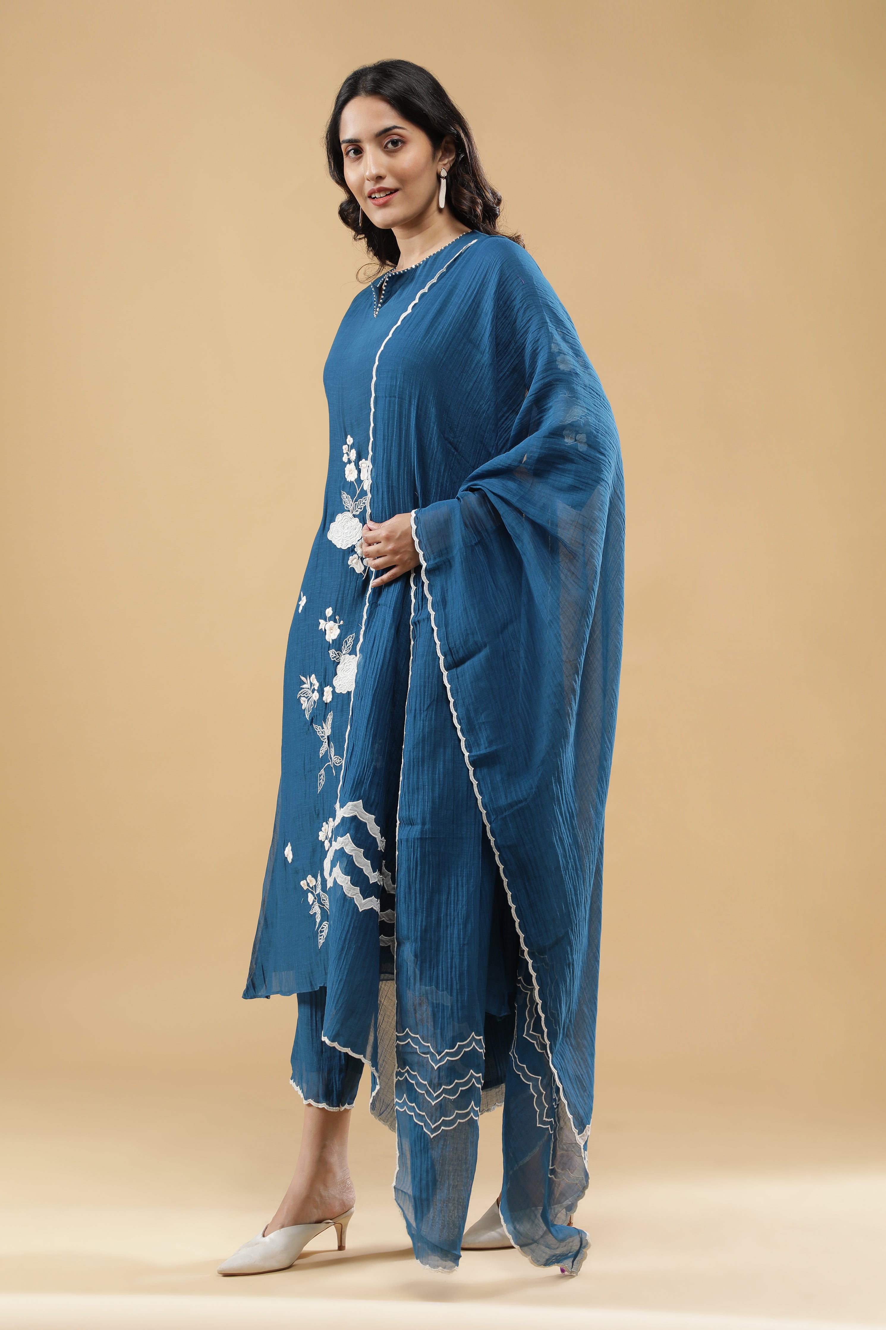 Teal Blue Cotton Floral Embroidered Salwar Set
