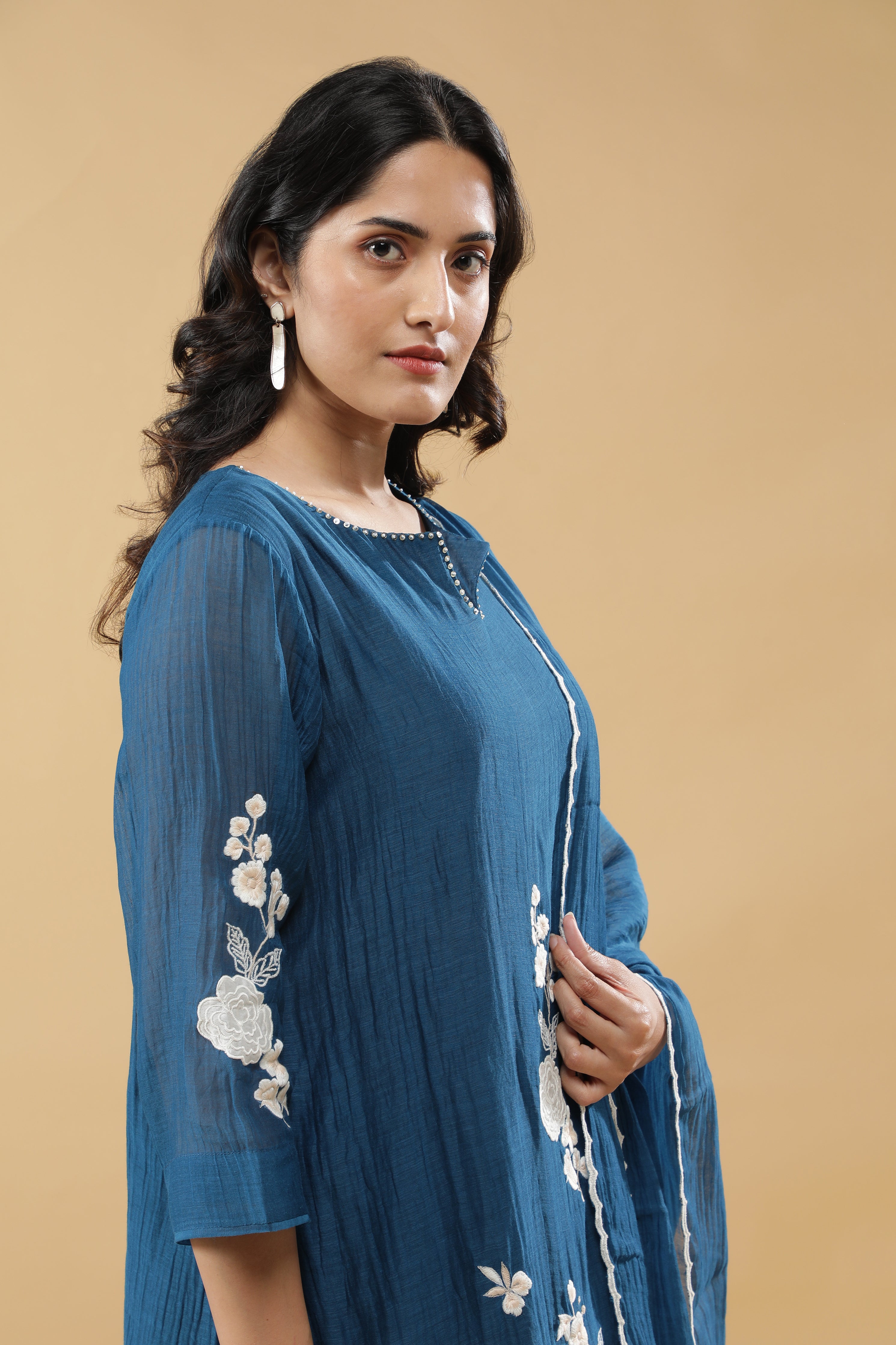 Teal Blue Cotton Floral Embroidered Salwar Set