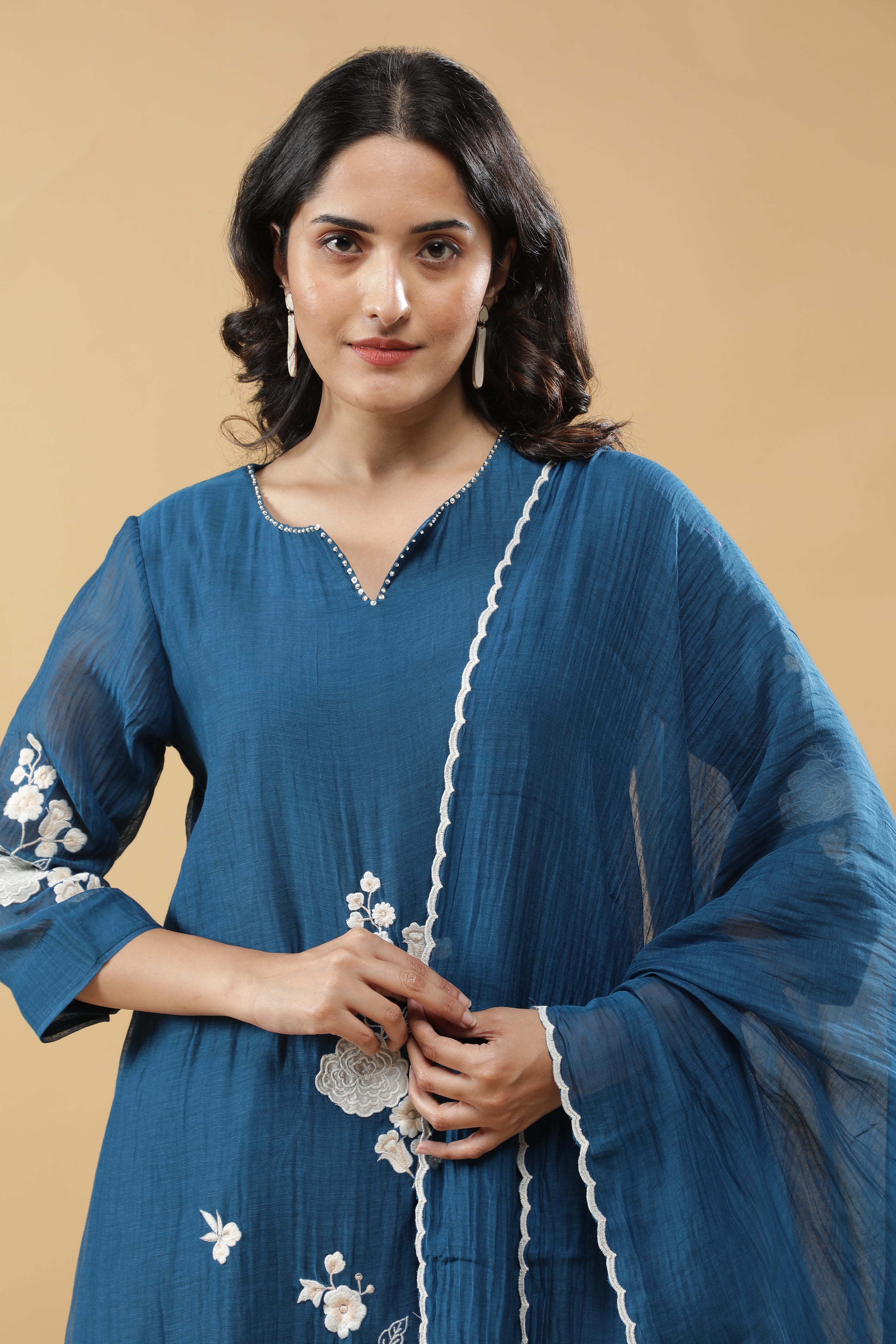 Teal Blue Cotton Floral Embroidered Salwar Set