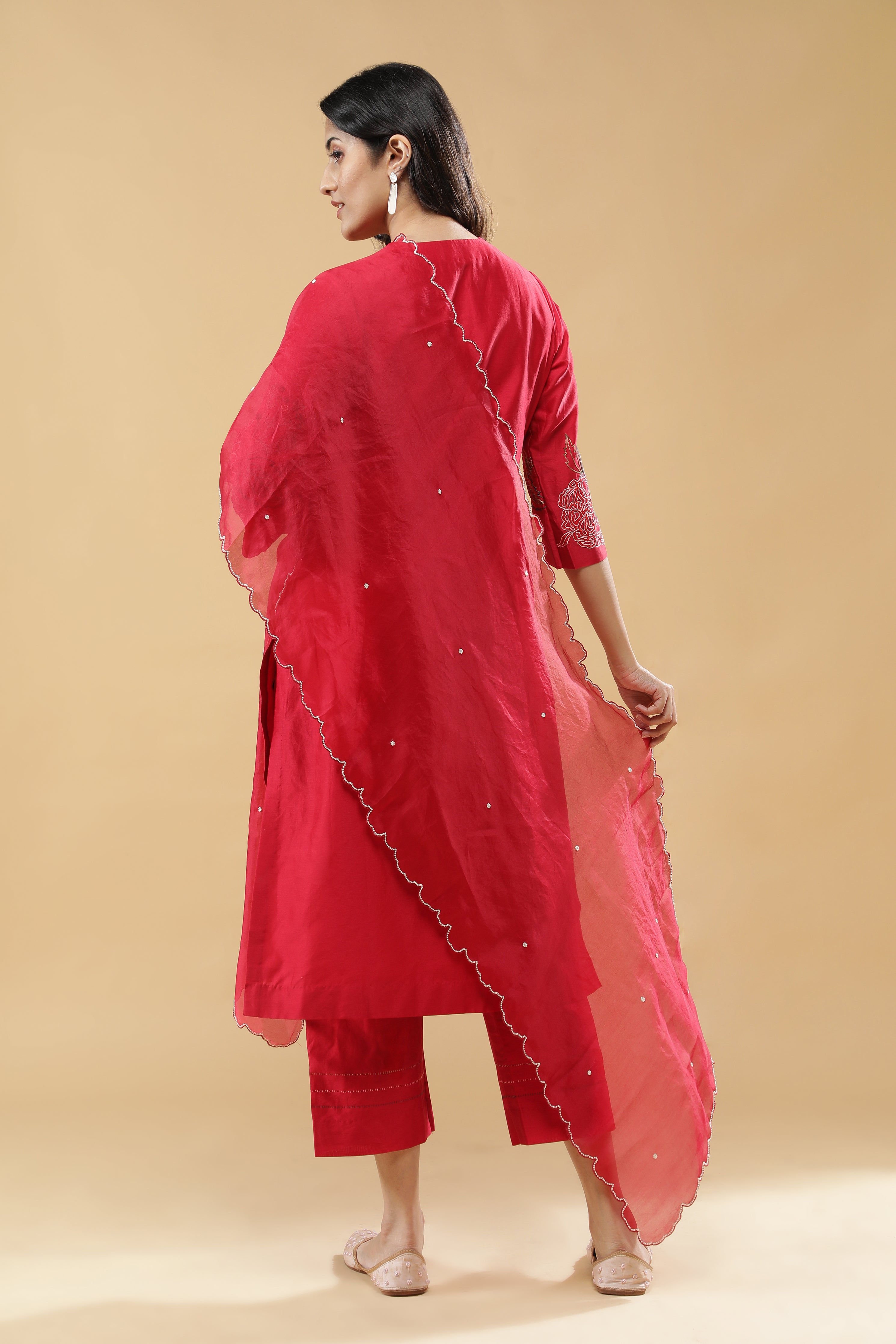 Cherry Red Cotton Floral Embroidered Salwar Set