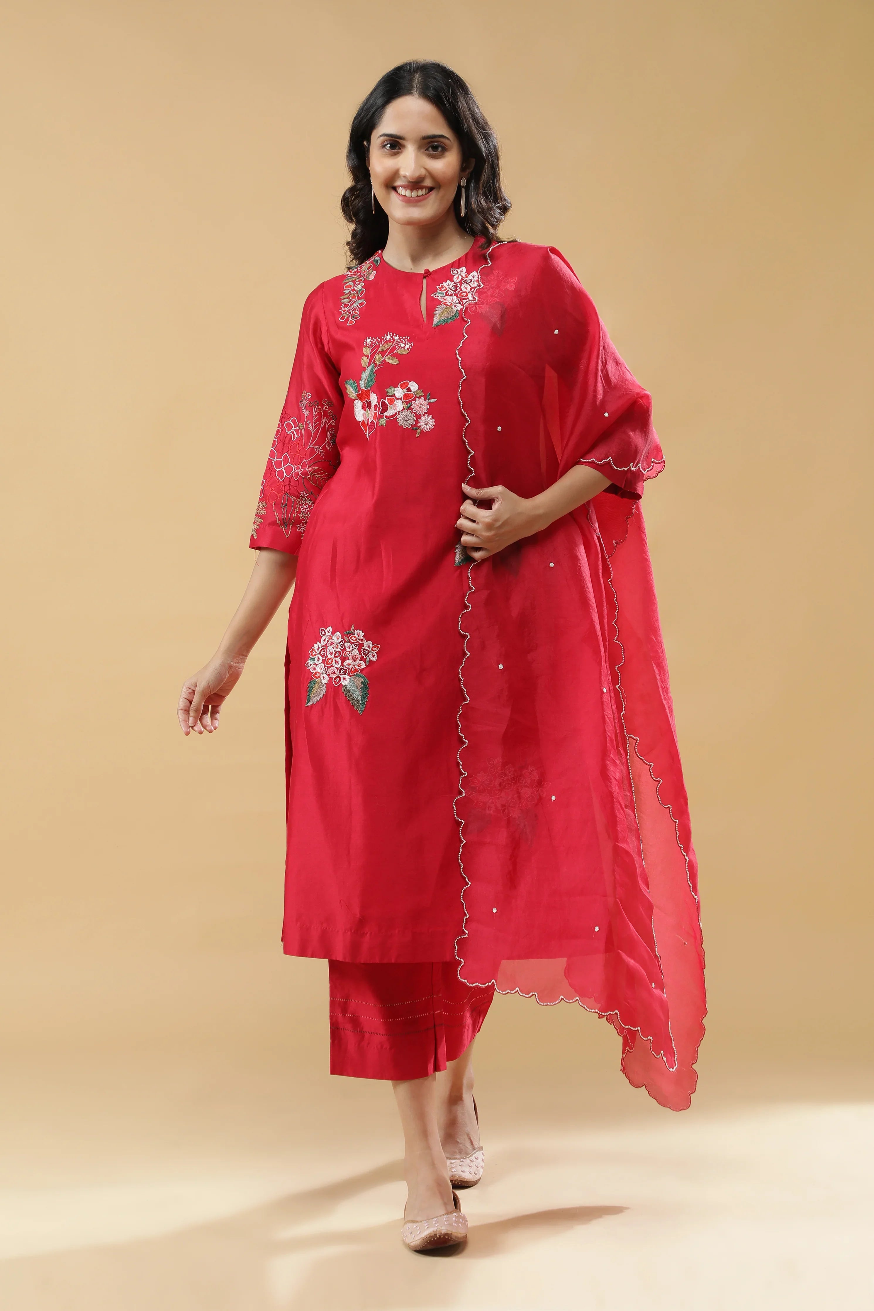 Cherry Red Cotton Floral Embroidered Salwar Set | Mokshaa