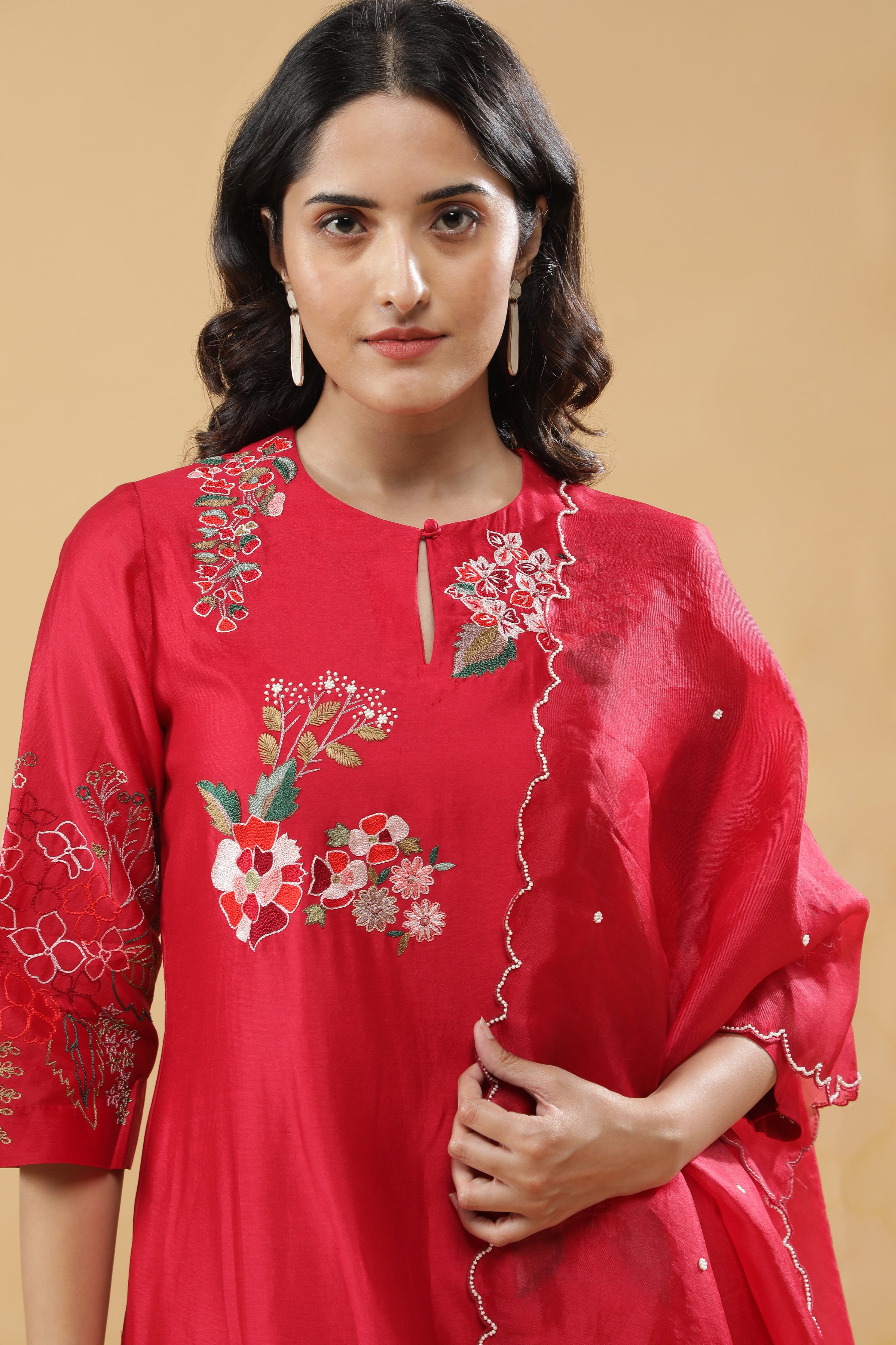 Cherry Red Cotton Floral Embroidered Salwar Set