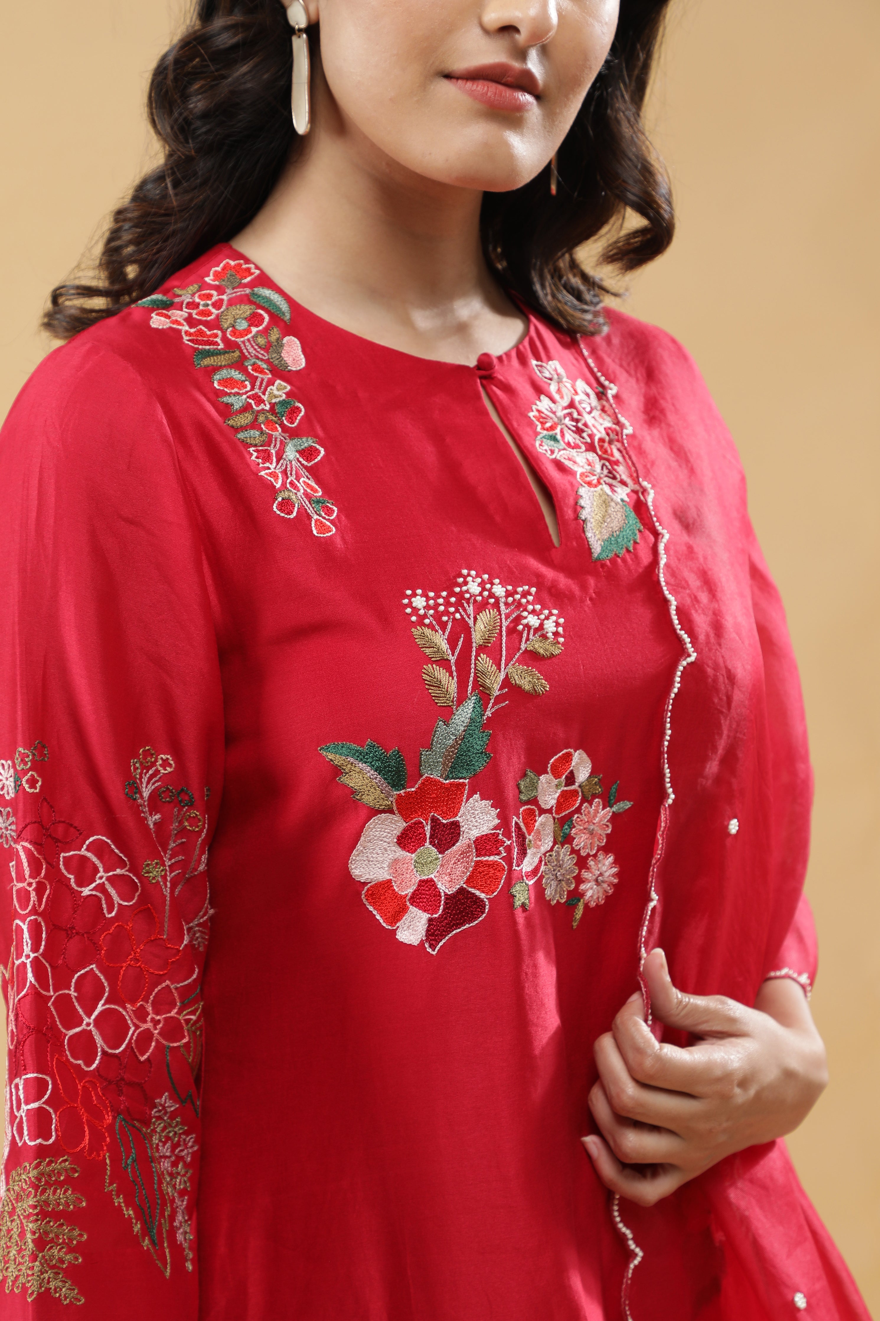 Cherry Red Cotton Floral Embroidered Salwar Set