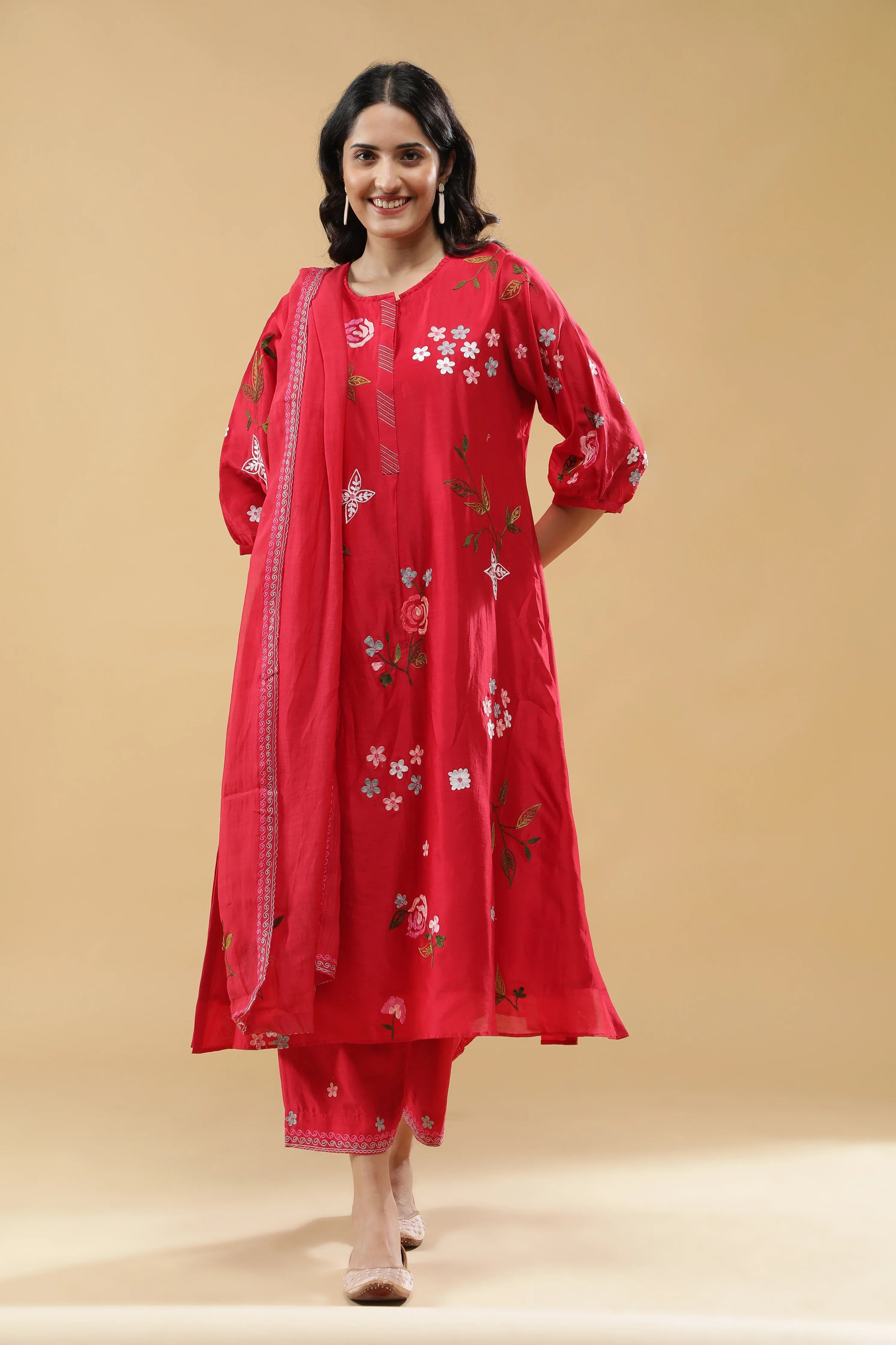 Crimson Red A-Line Cotton Suit Set | Mokshaa