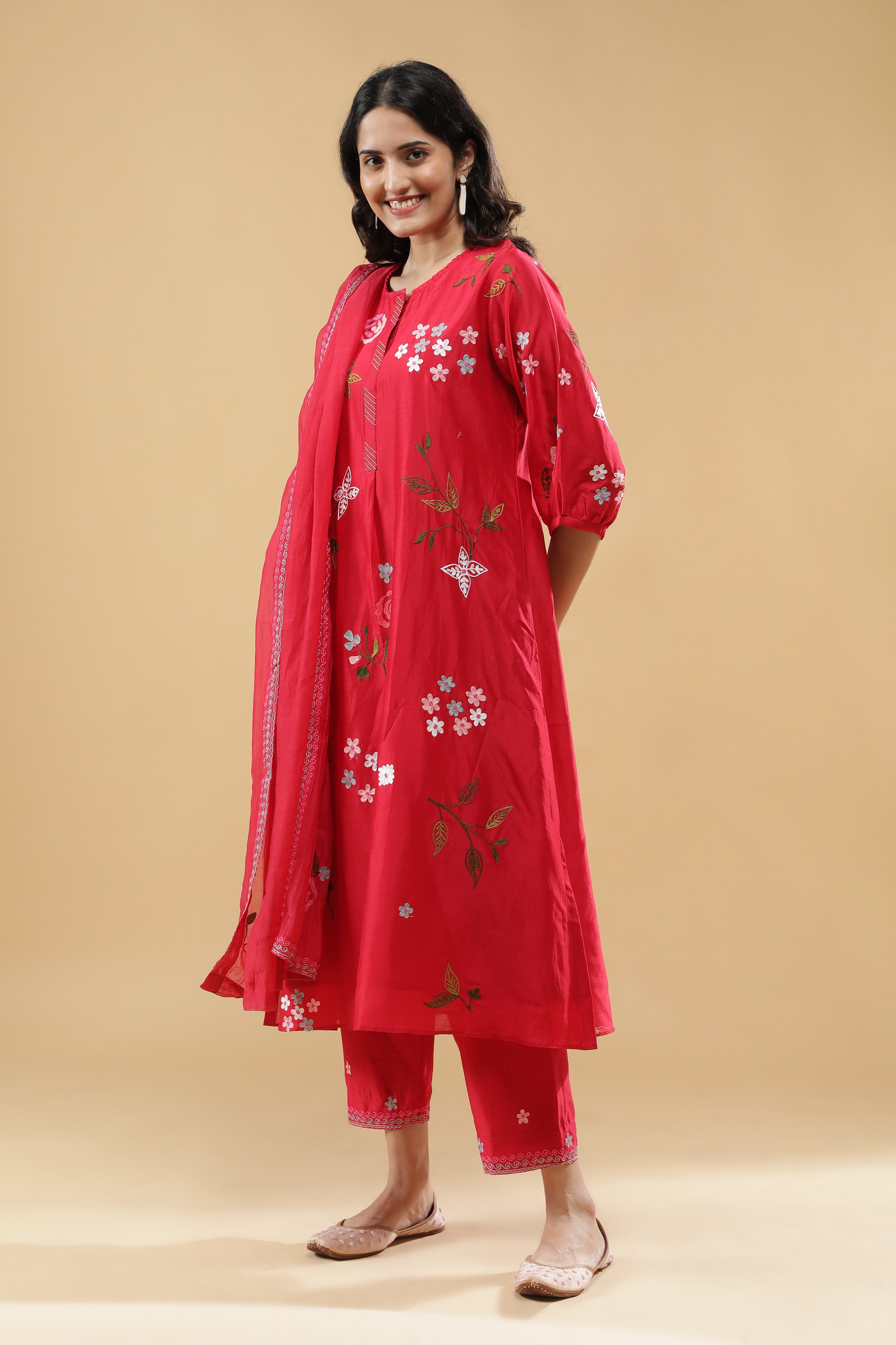 Crimson Red A-Line Cotton Suit Set