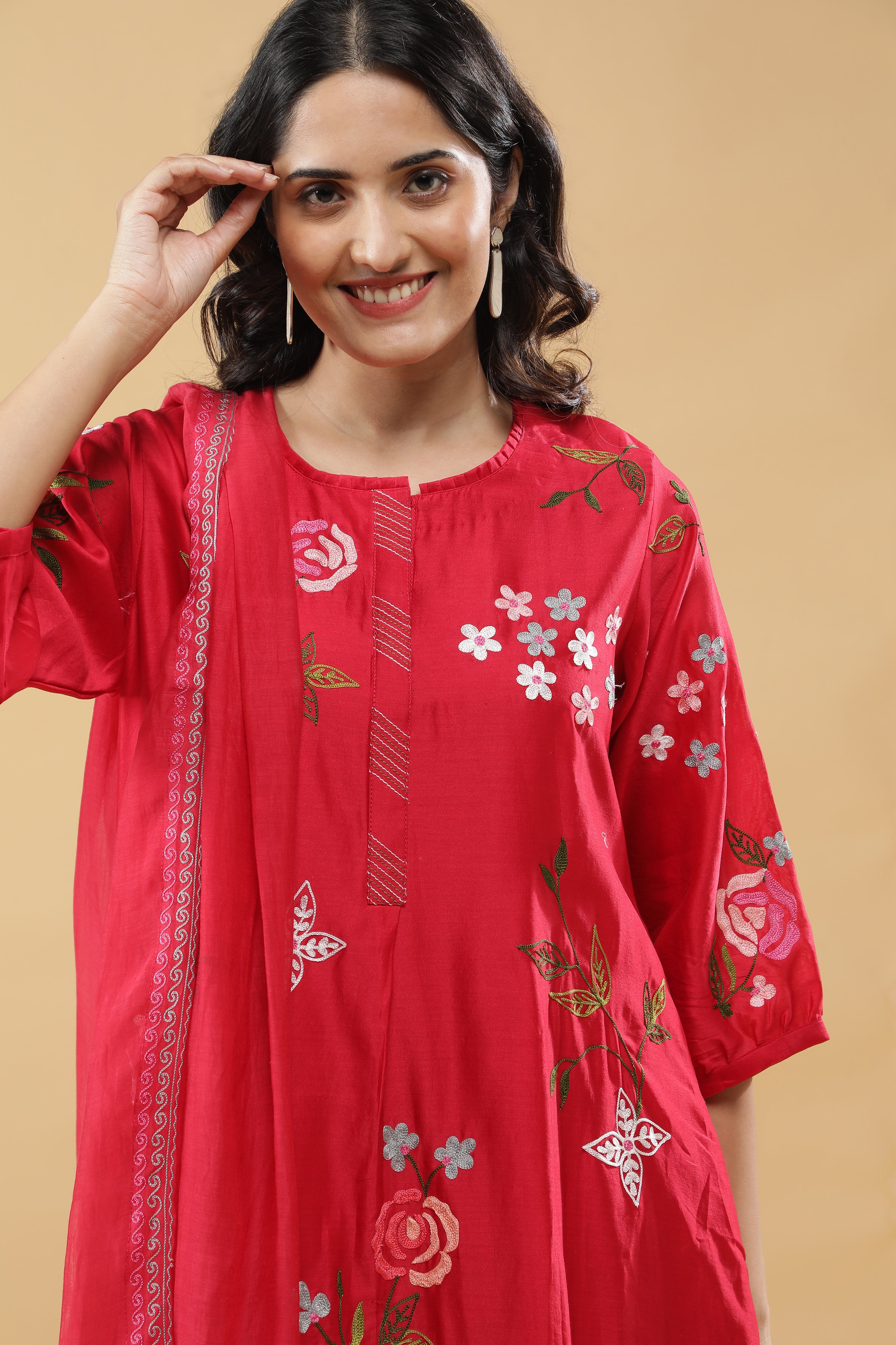 Crimson Red A-Line Cotton Suit Set
