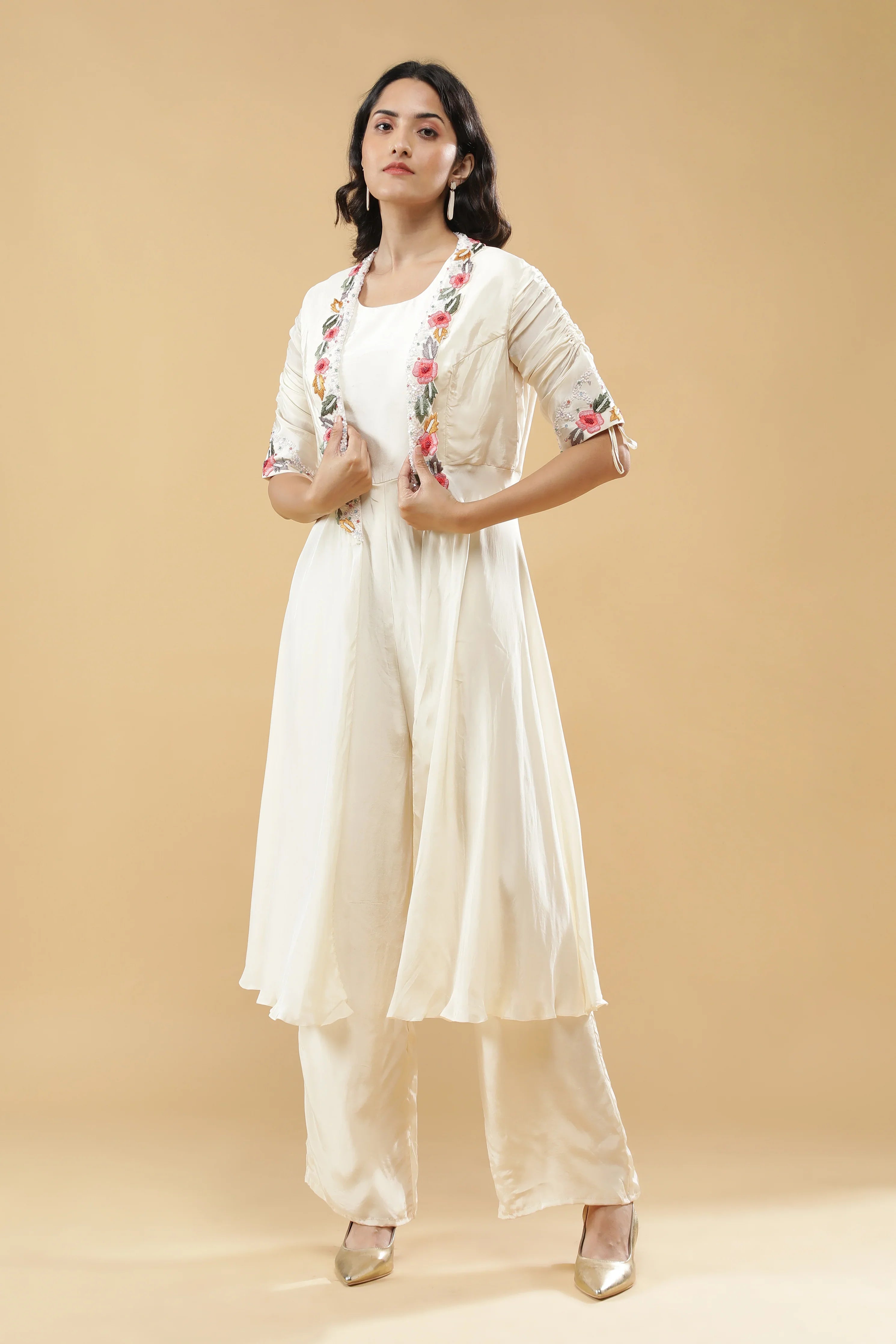 Ivory Silk Jumpsuit with Jacket | Mokshaa