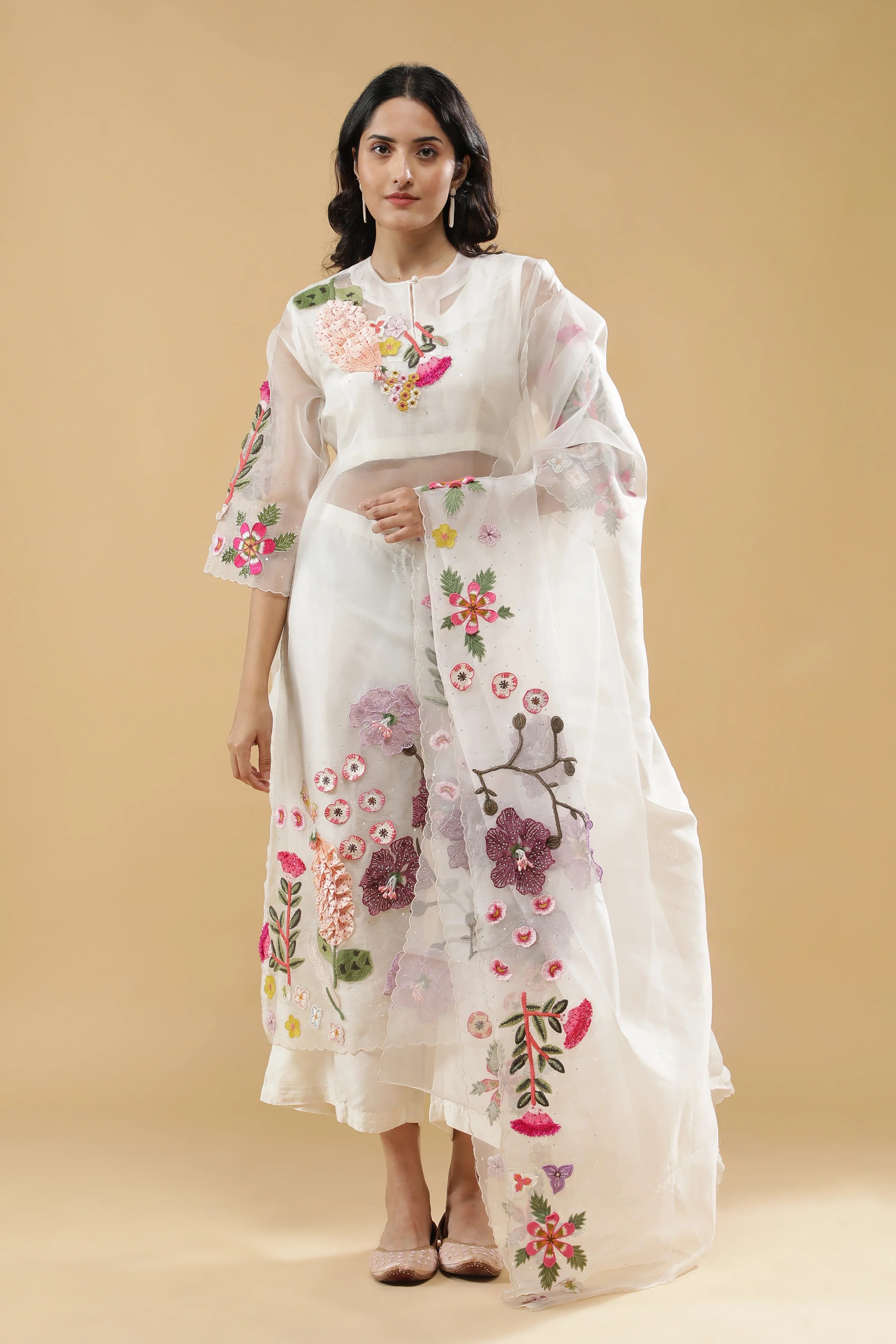 Ivory Organza Floral Embroidered Suit Set | Mokshaa