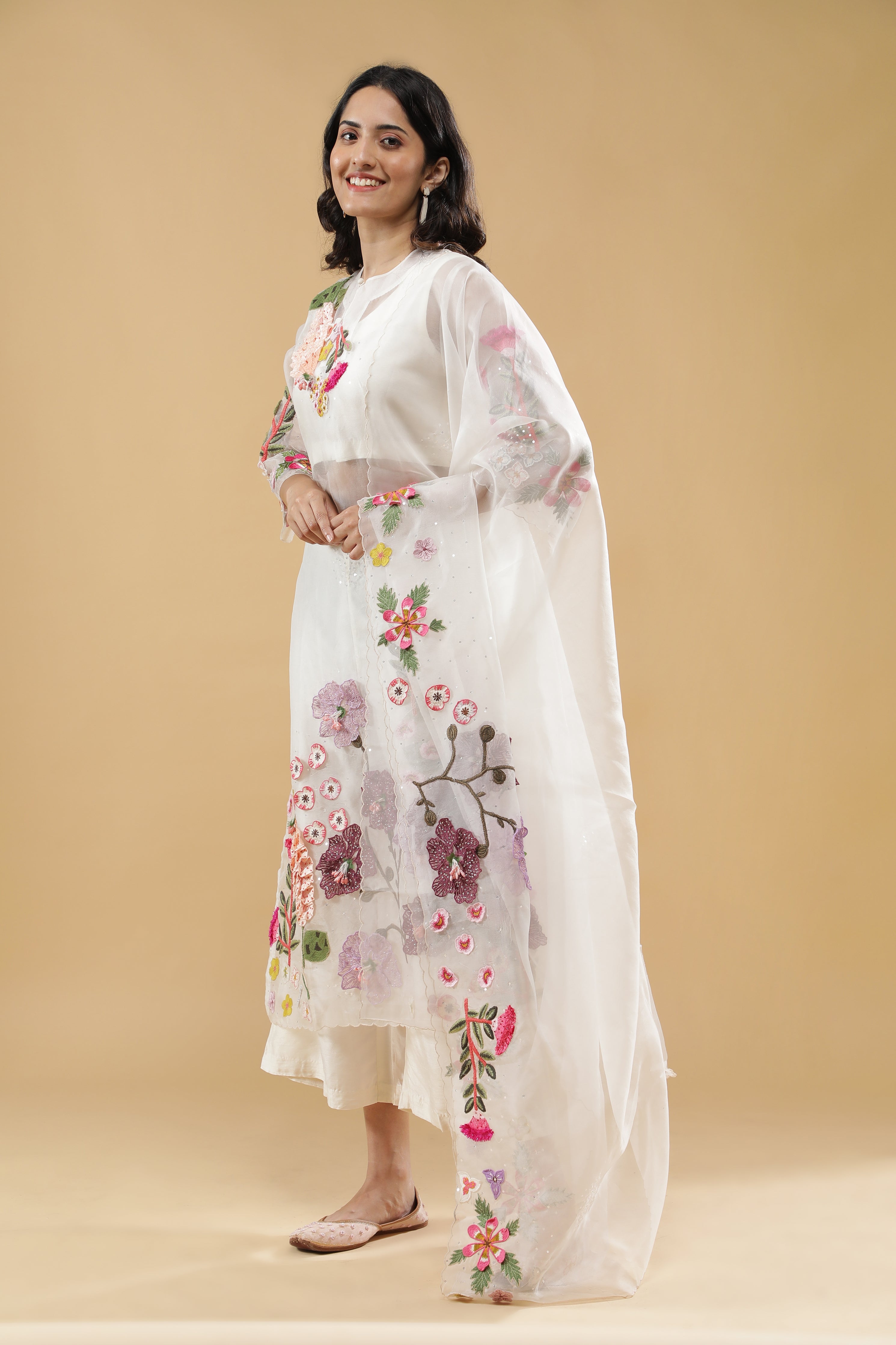 Ivory Organza Floral Embroidered Suit Set