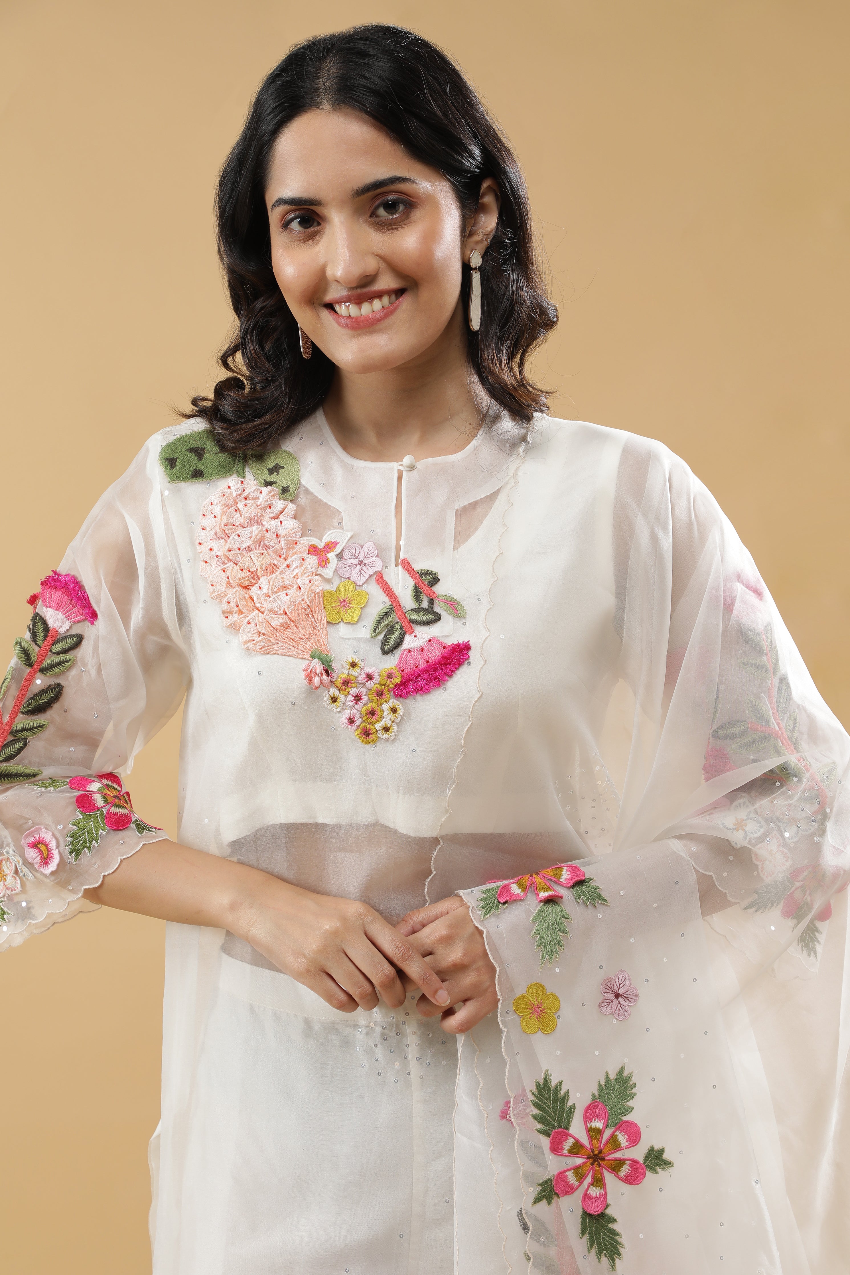 Ivory Organza Floral Embroidered Suit Set