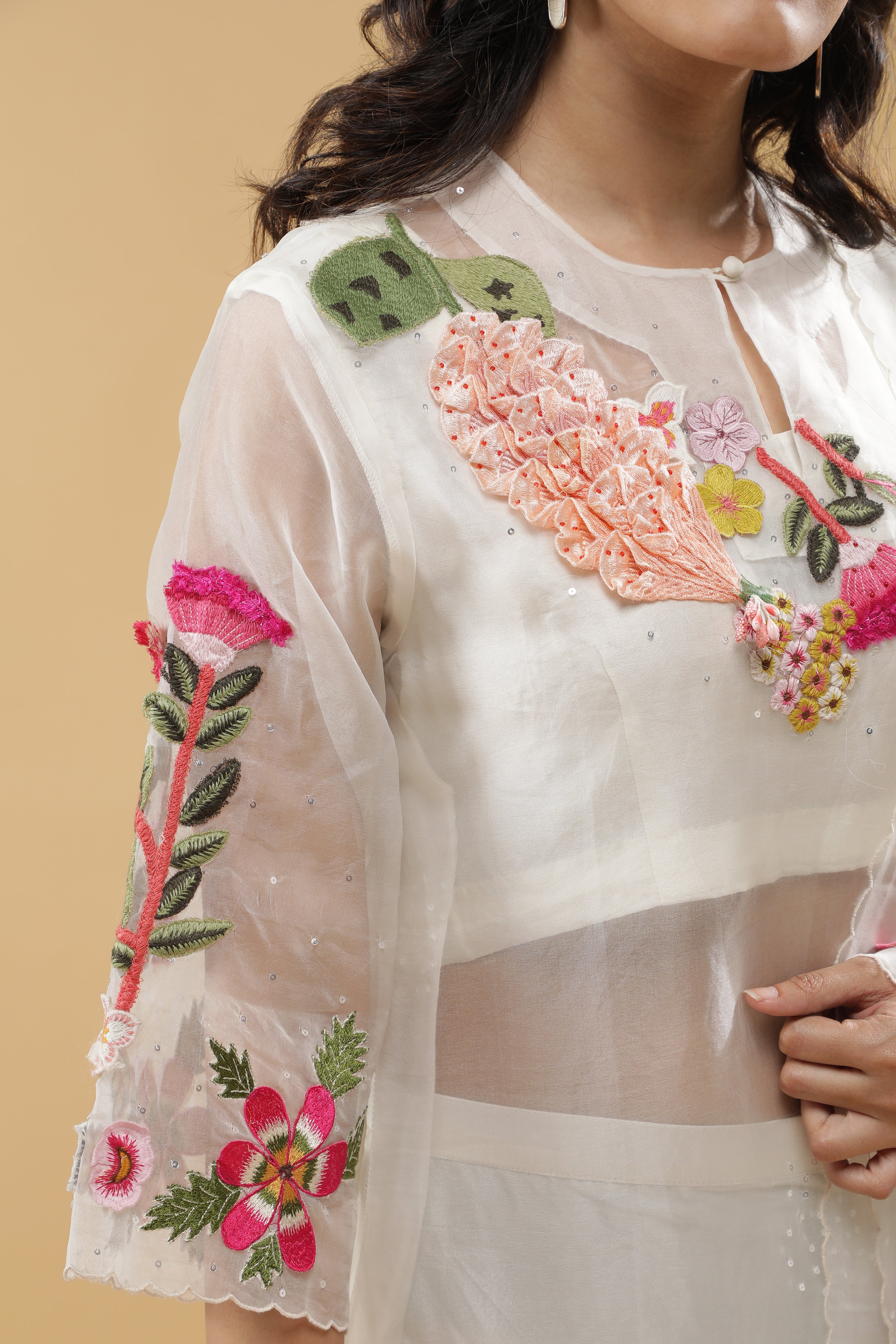 Ivory Organza Floral Embroidered Suit Set