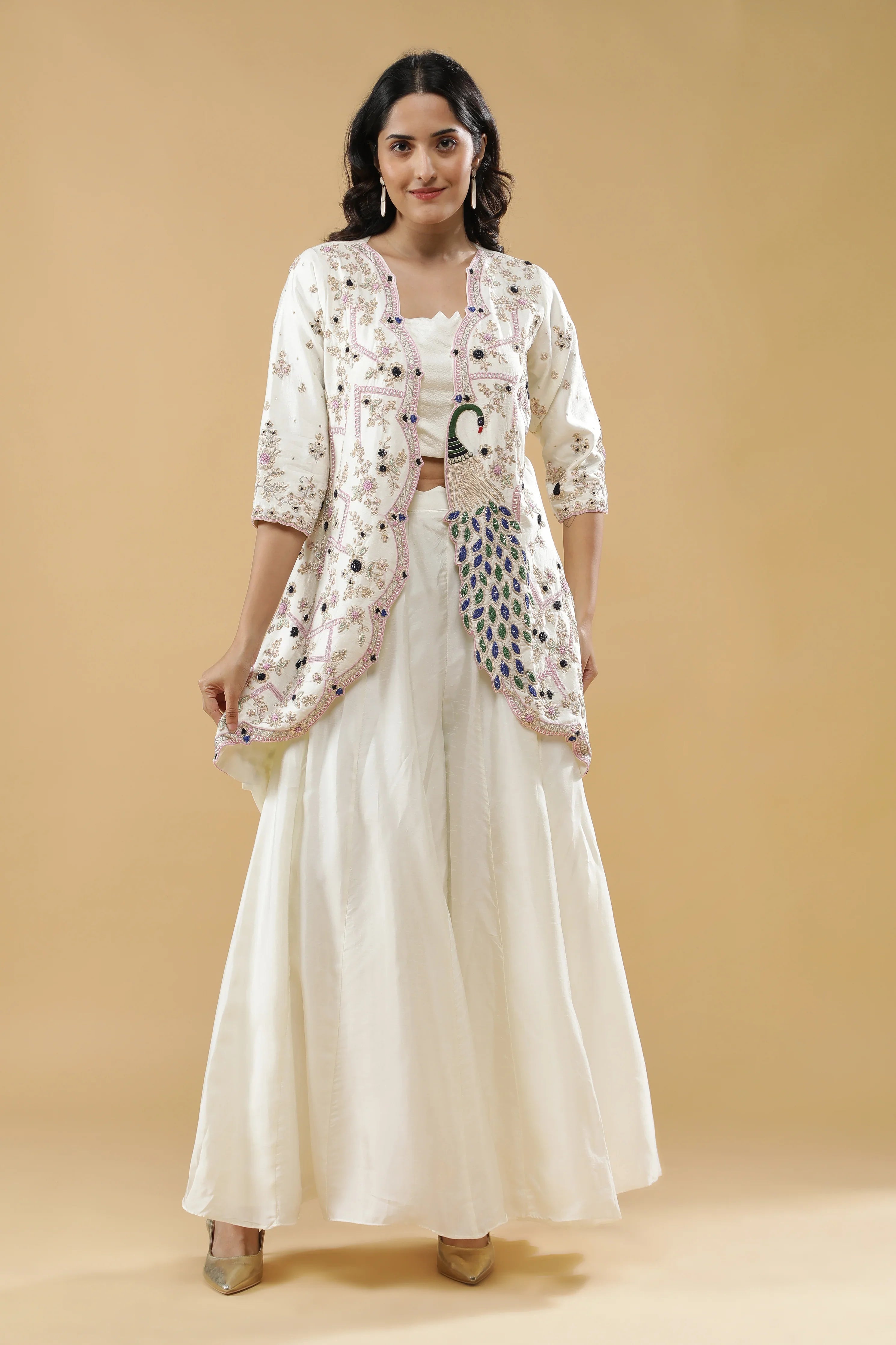 Ivory Embroidered Jacket Set | Mokshaa