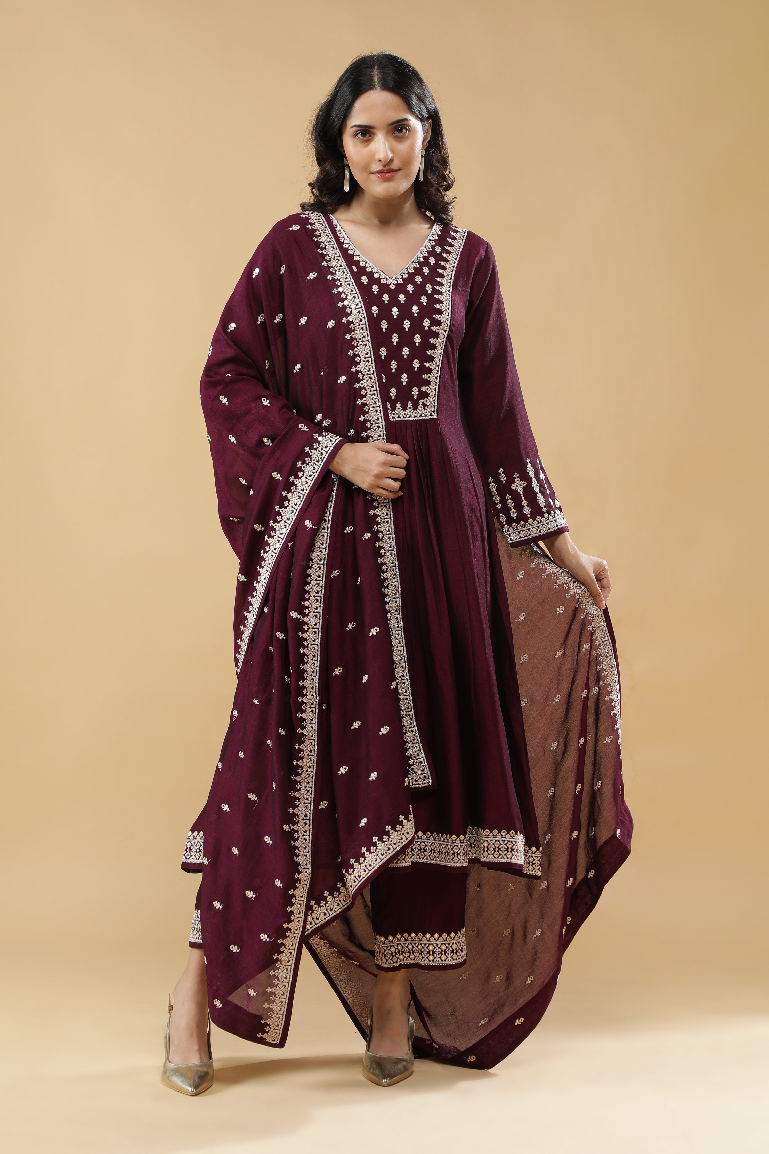 Wine Silk Kurta Set