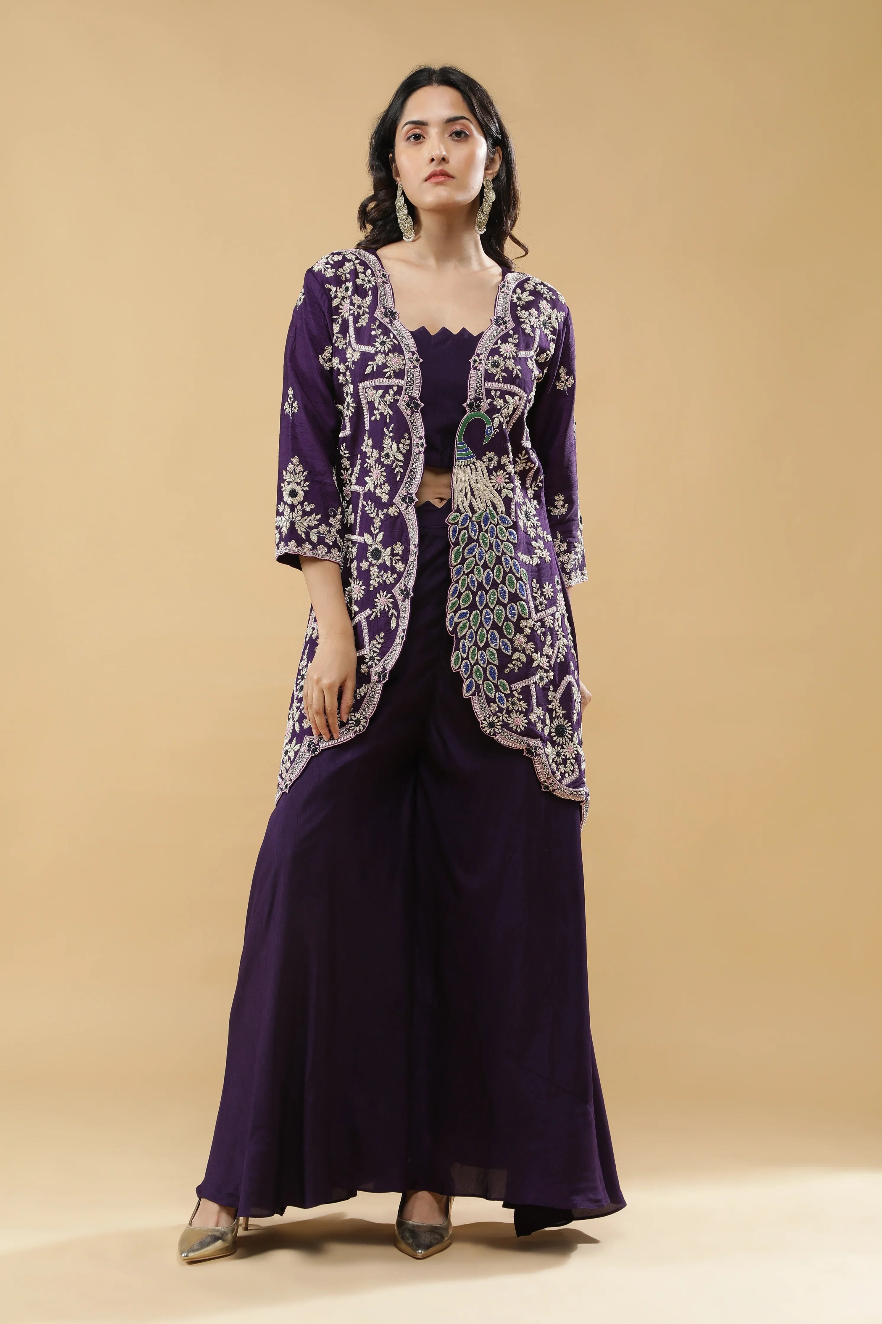 Purple Peacock Embroidered Jacket Set | Mokshaa