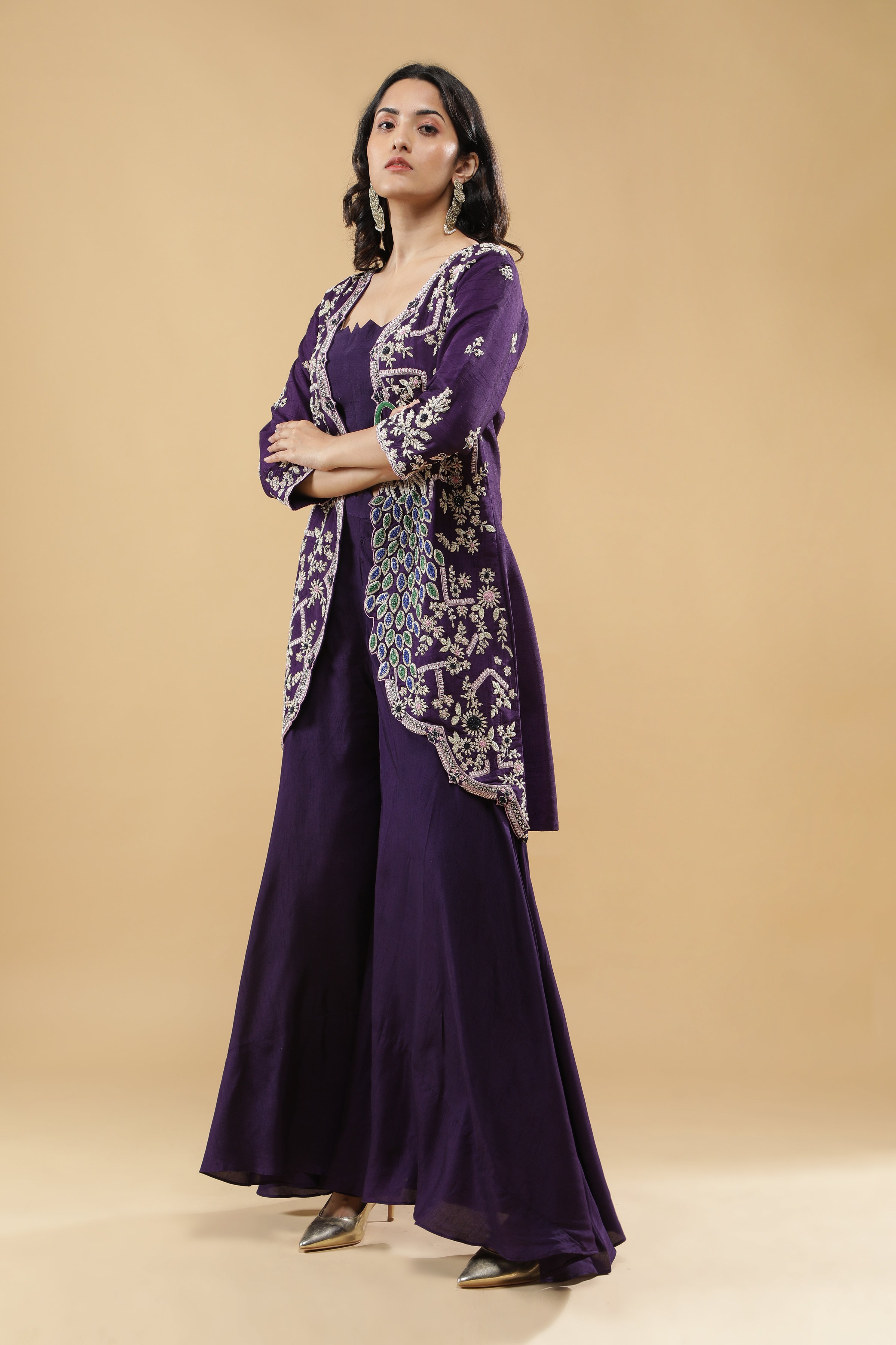 Purple Peacock Embroidered Jacket Set