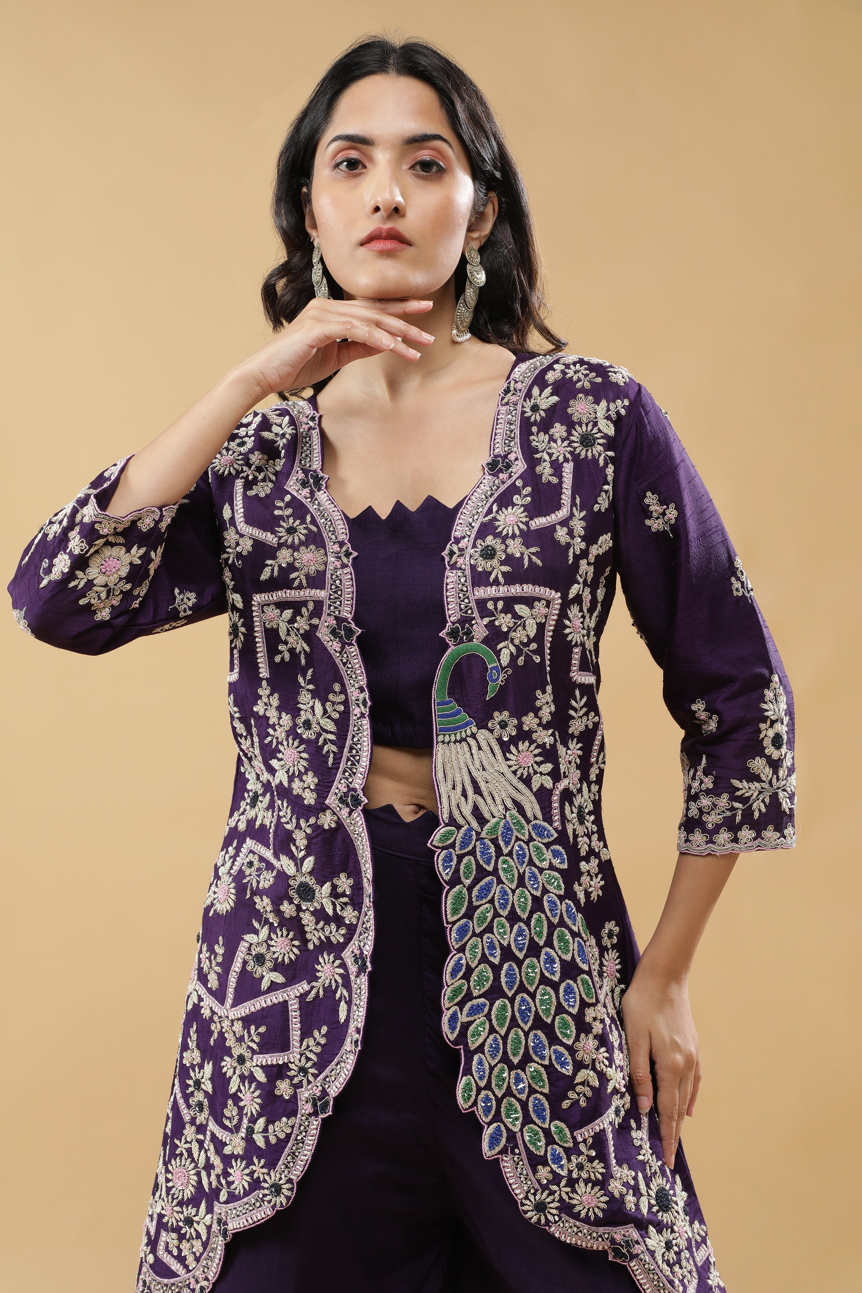 Purple Peacock Embroidered Jacket Set