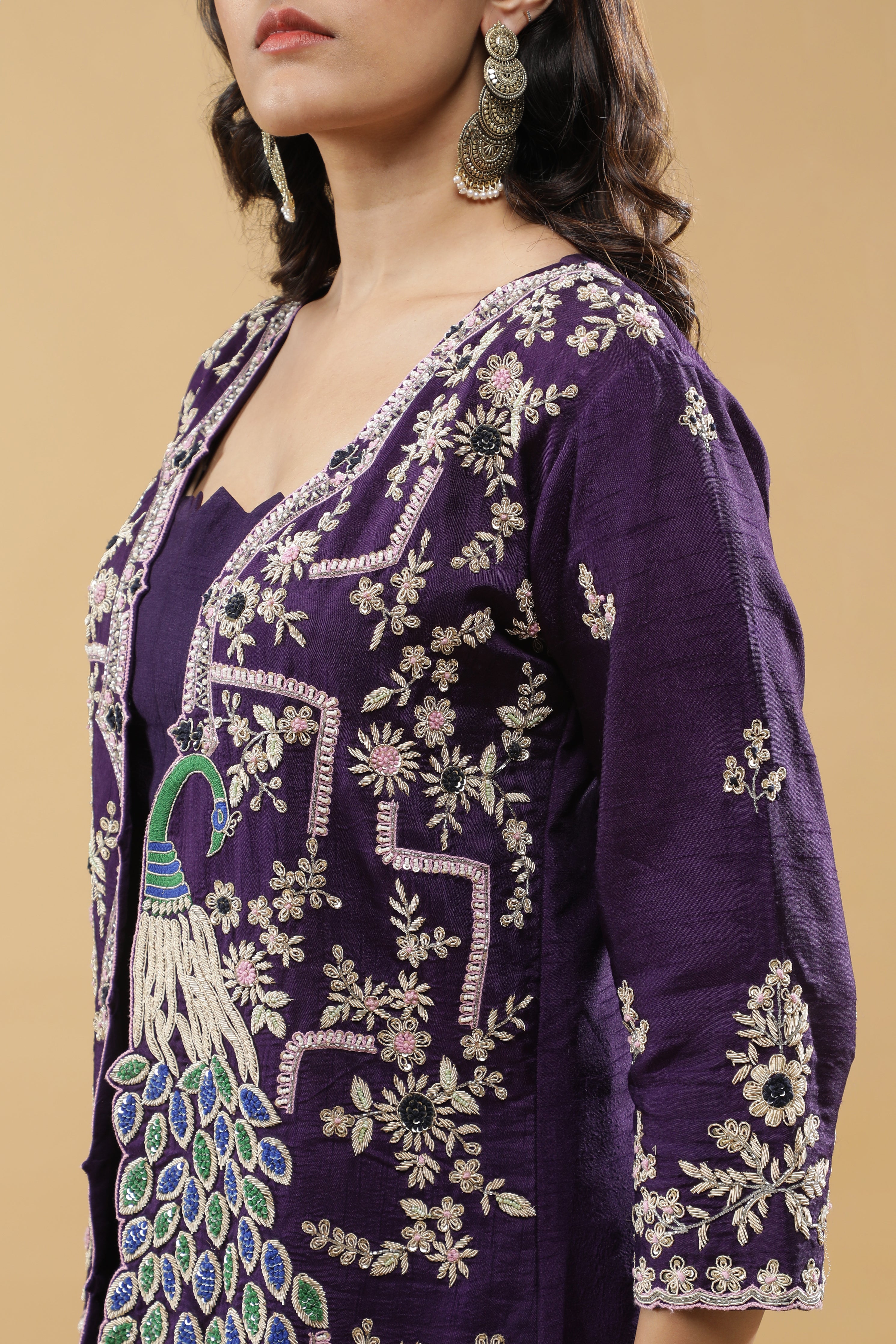 Purple Peacock Embroidered Jacket Set