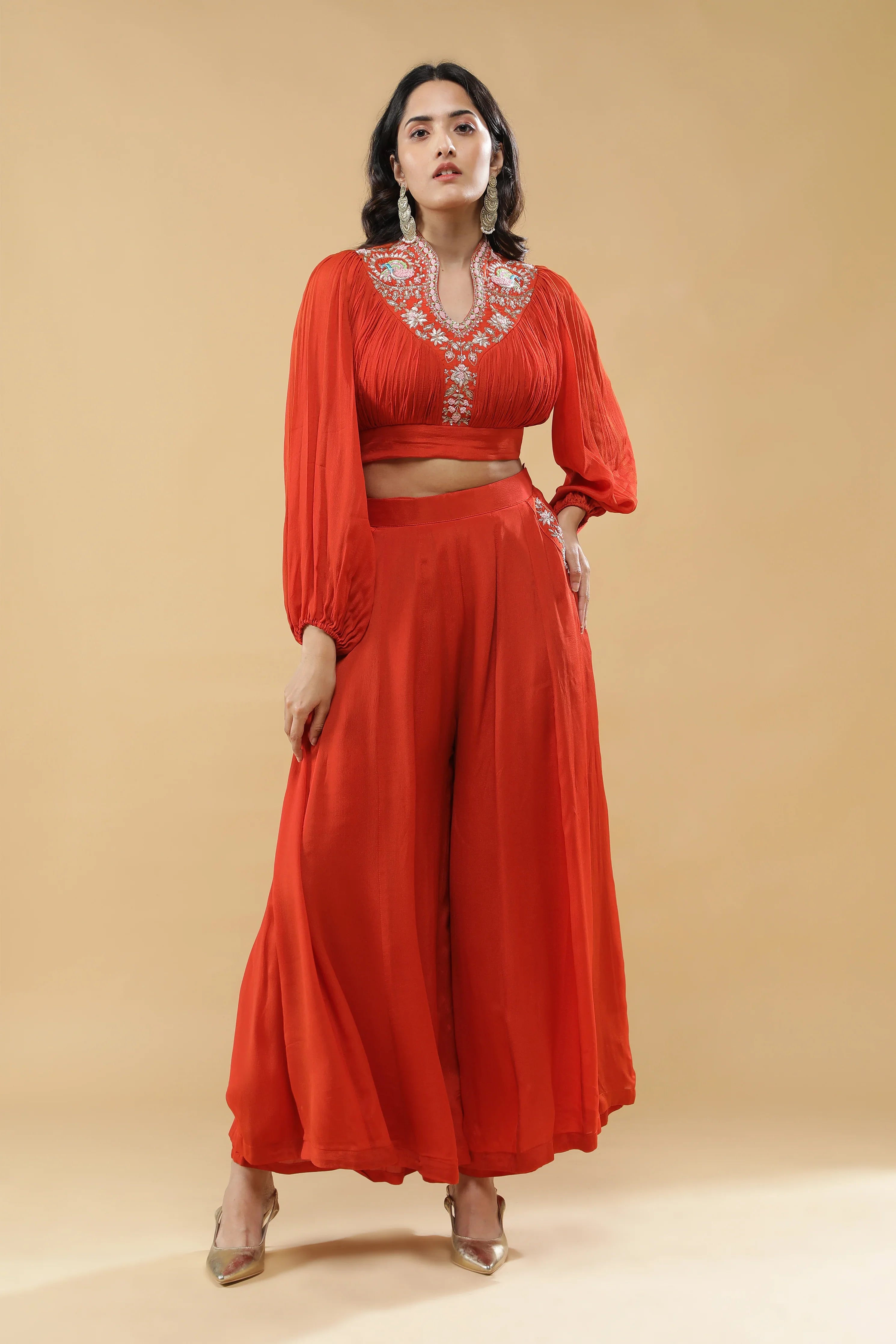 Rust Orange Embroidered Co-ord Set | Mokshaa