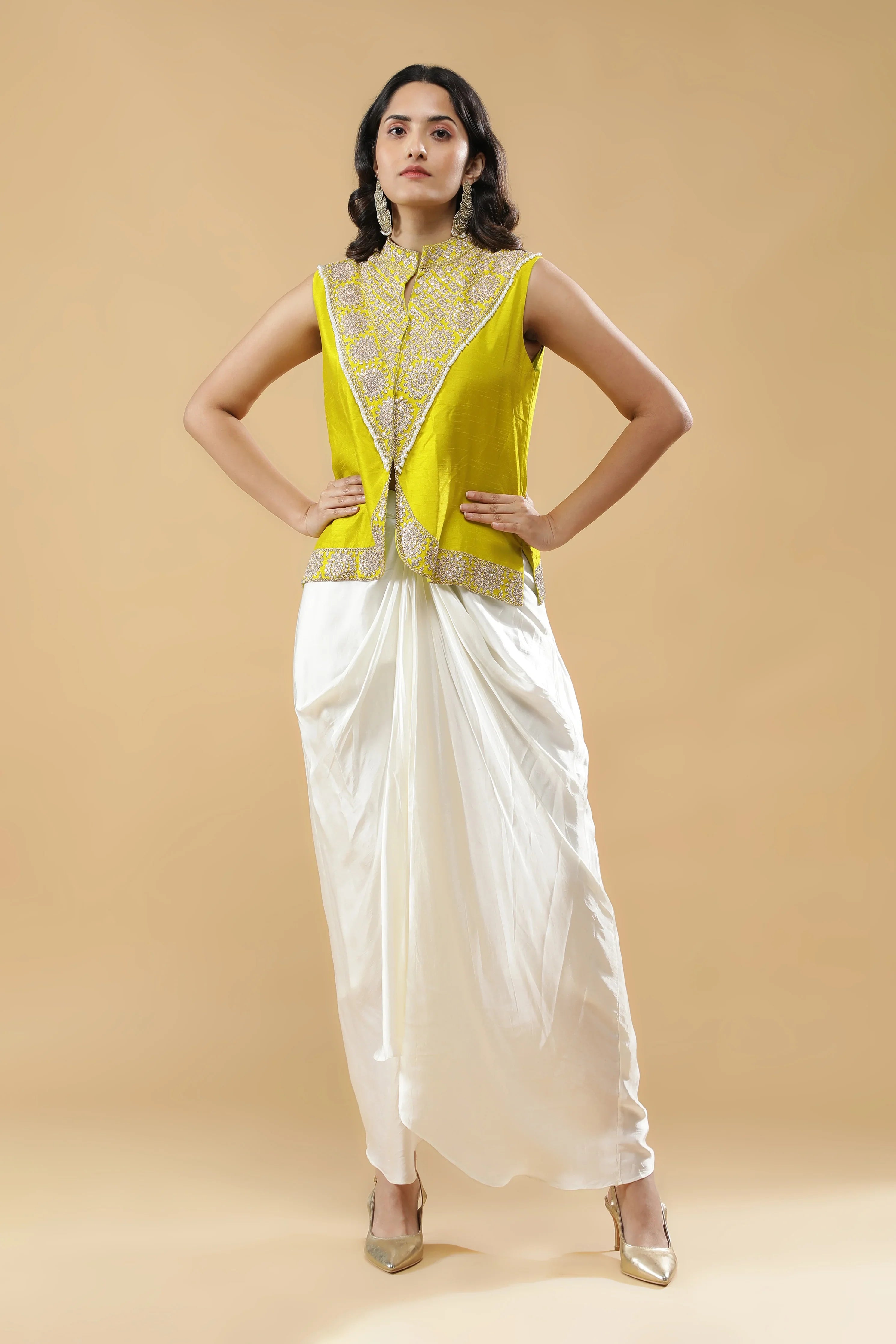 Lime Green Silk Embroidered Top with Off White Drape Skirt | Mokshaa