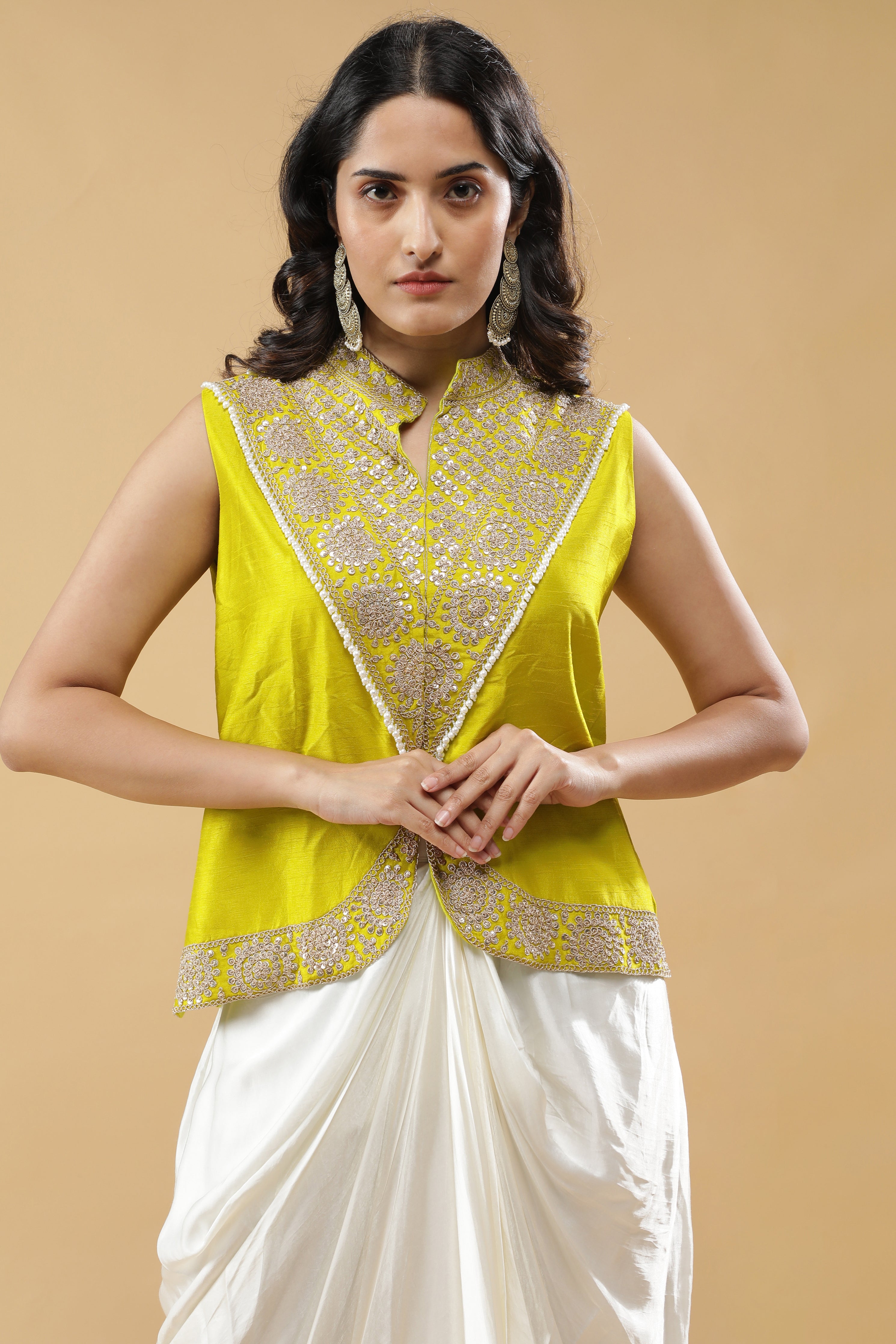 Lime Green Silk Embroidered Top with Off White Drape Skirt