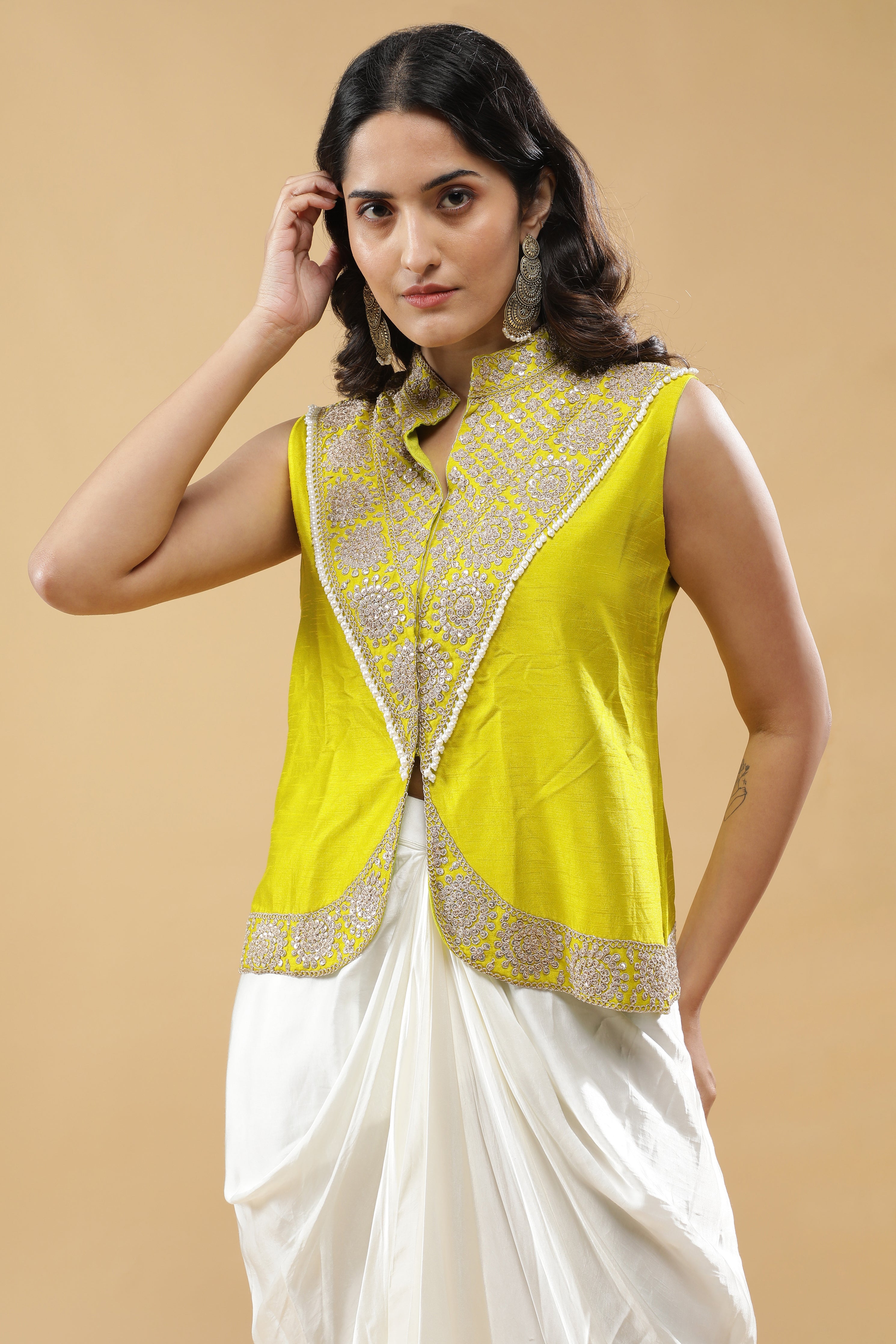 Lime Green Silk Embroidered Top with Off White Drape Skirt
