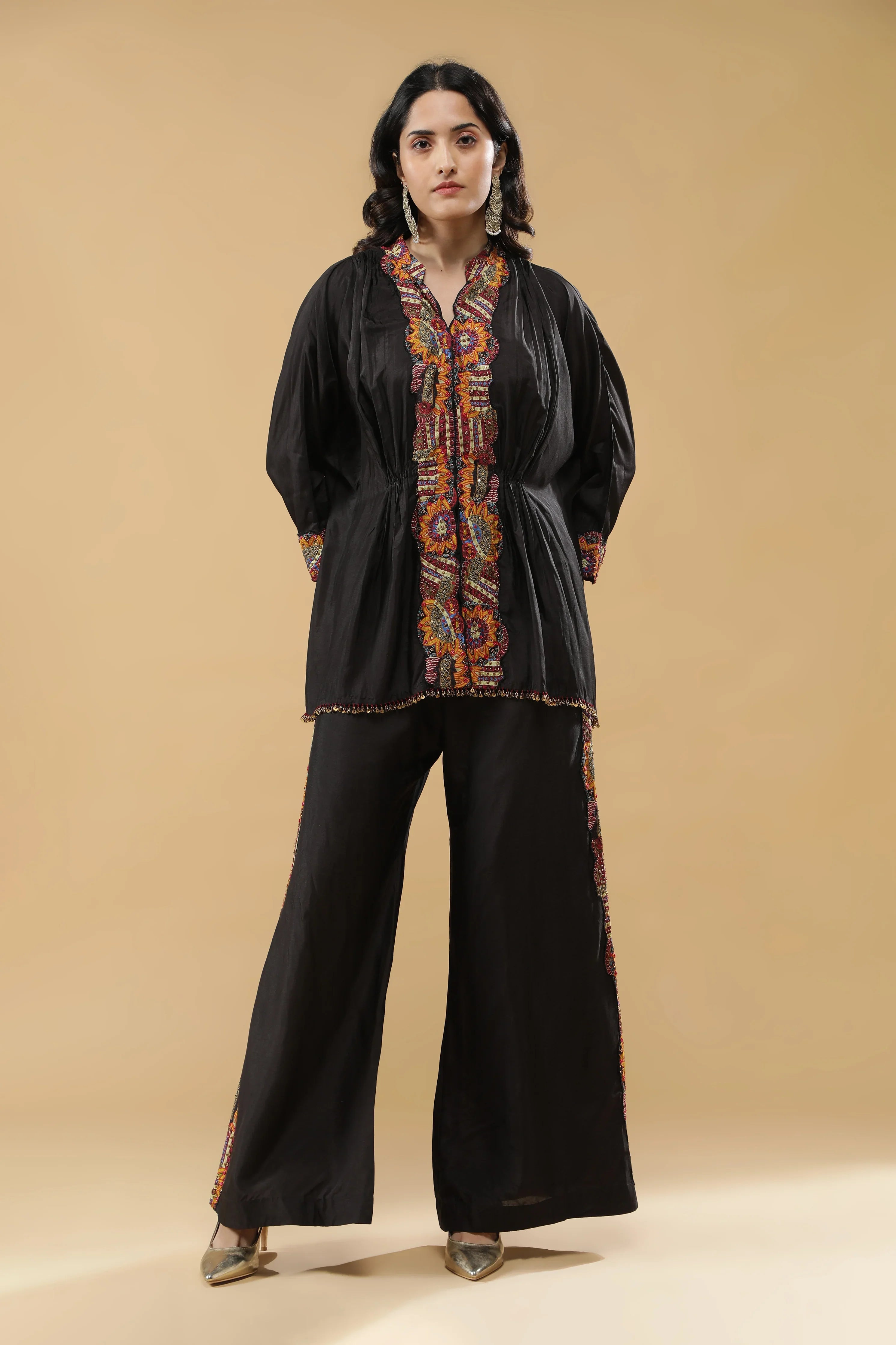 Black Embroidered Silk Co-Ord Set | Mokshaa