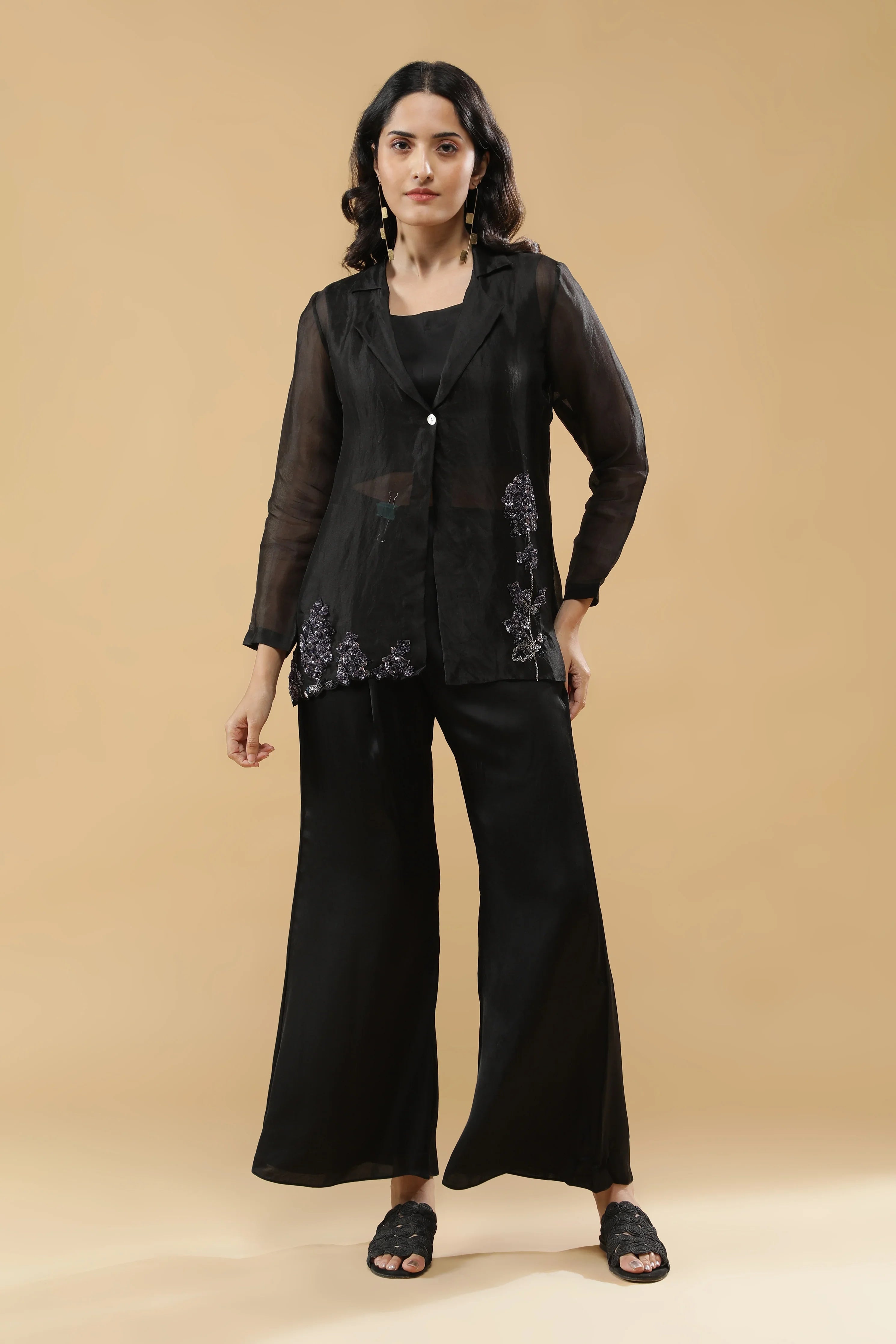 Black Organza Blazer Cord Set | Mokshaa