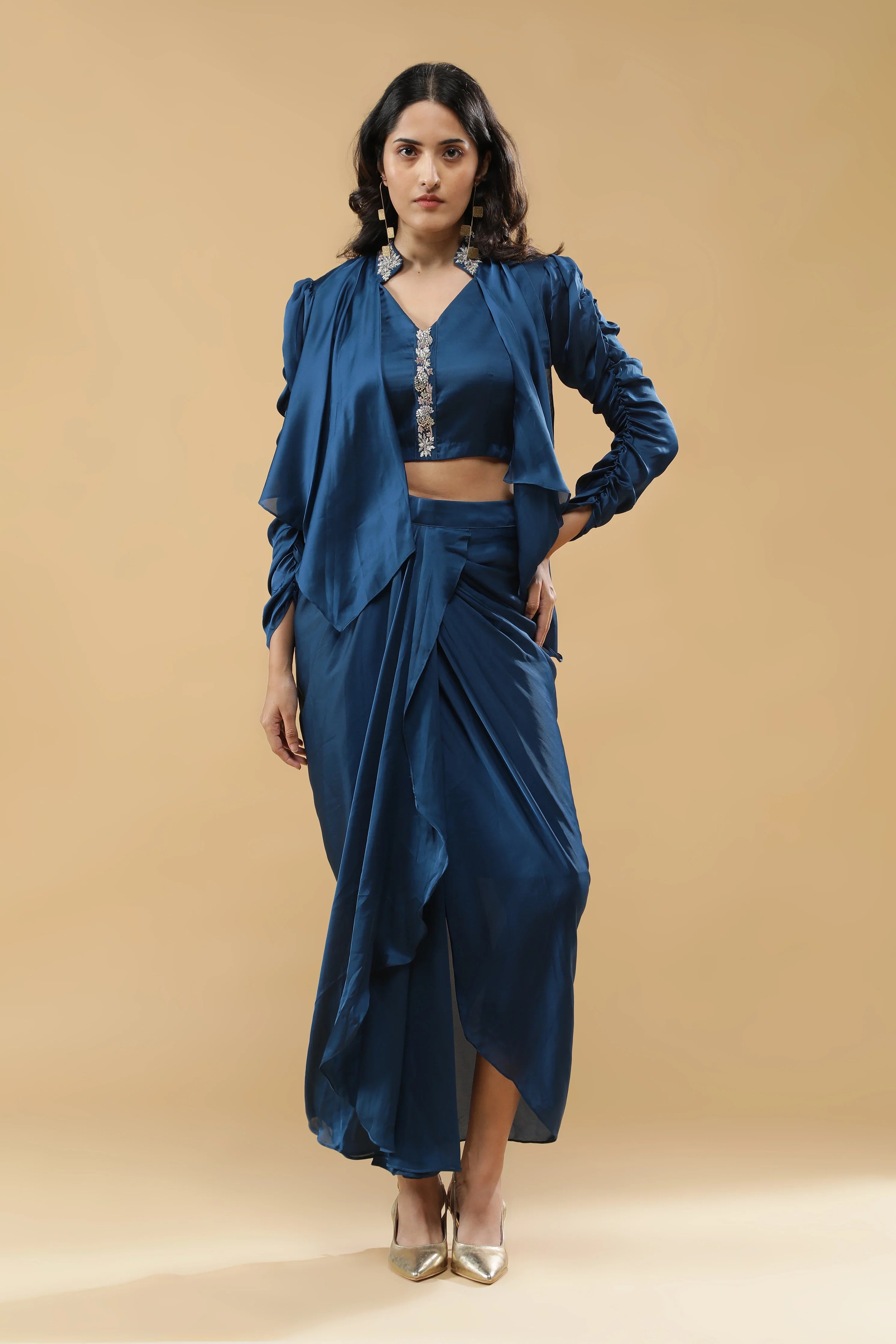 Blue Satin Silk Indo-Western Set | Mokshaa